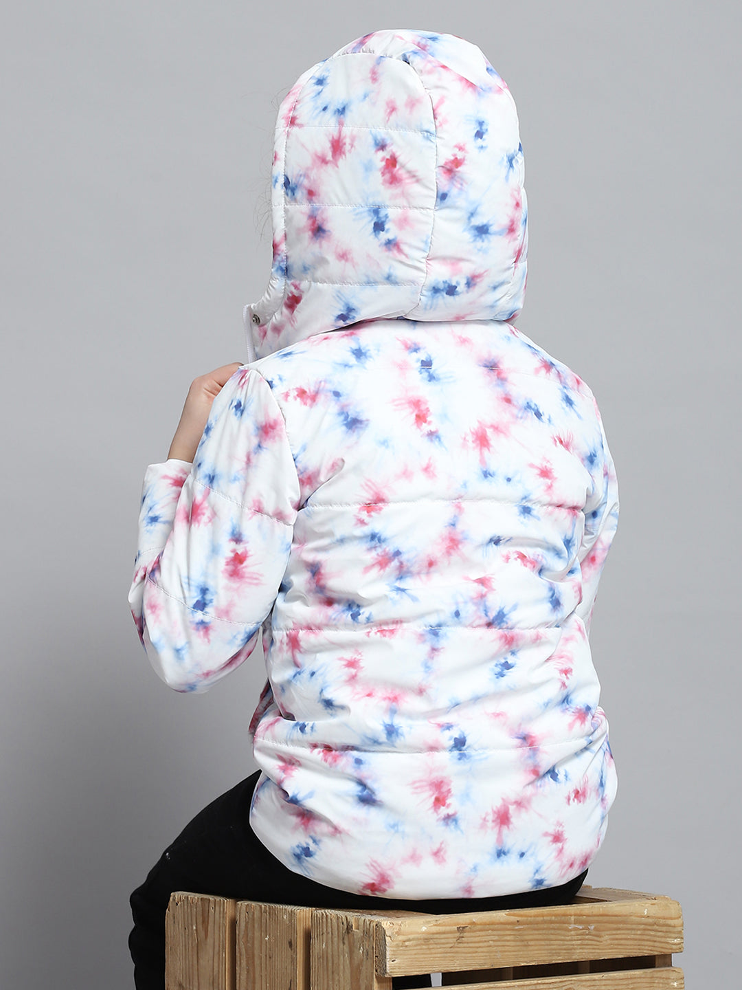 Girls Off White Printed Hooded Full Sleeve Jacket