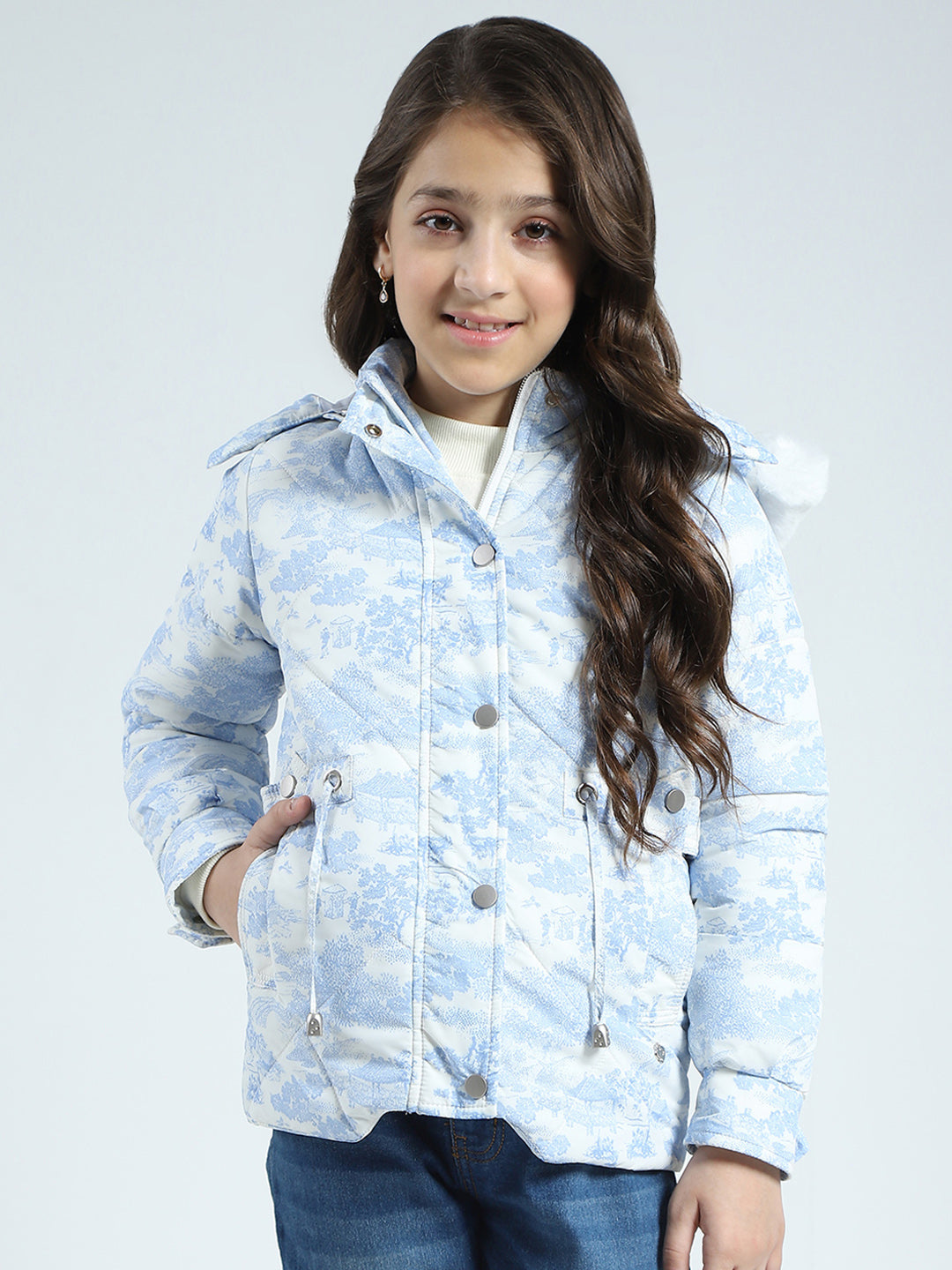 Girls Blue Printed Detachable Hood Full Sleeve Jacket