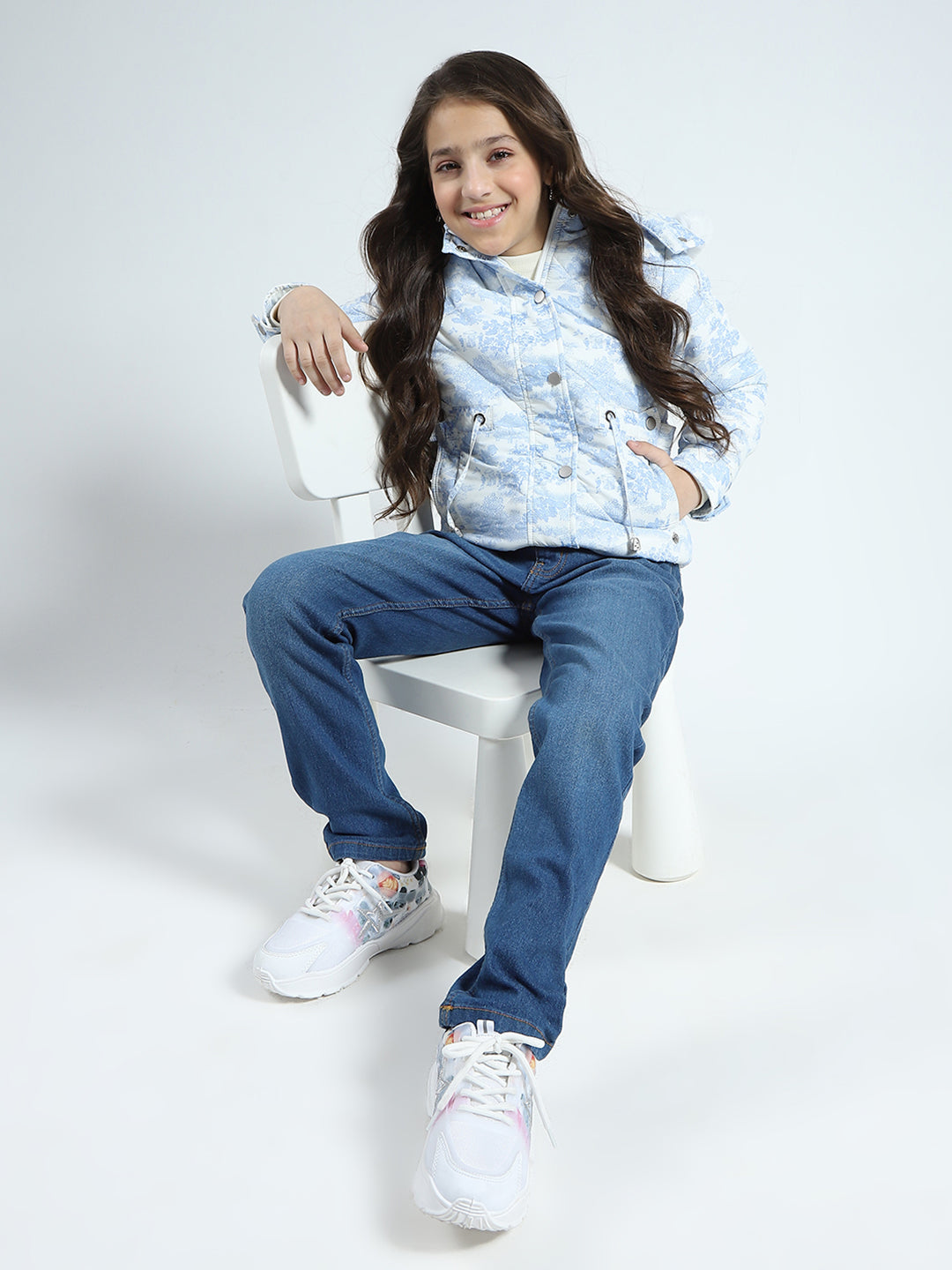 Girls Blue Printed Detachable Hood Full Sleeve Jacket