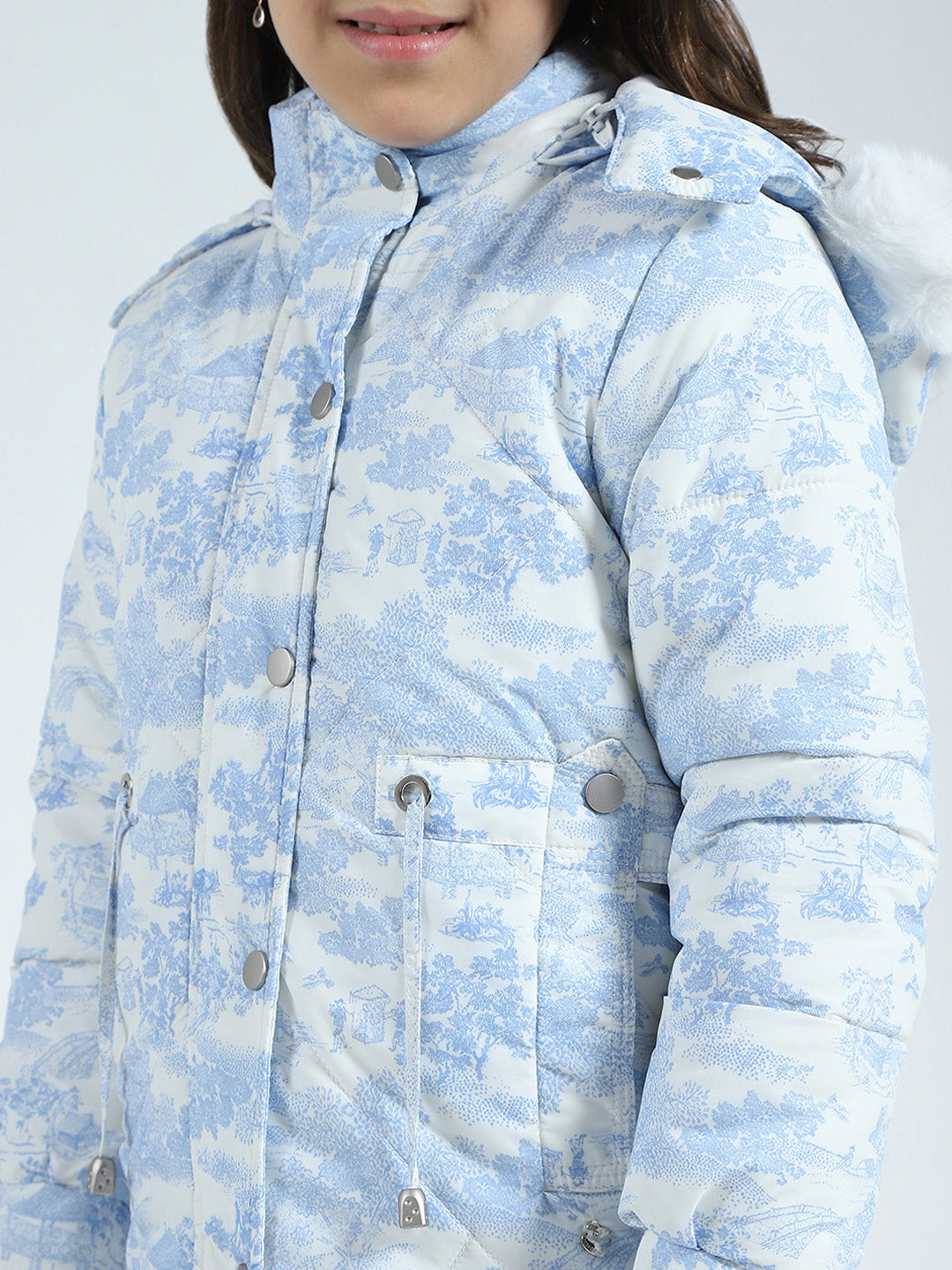 Girls Blue Printed Detachable Hood Full Sleeve Jacket