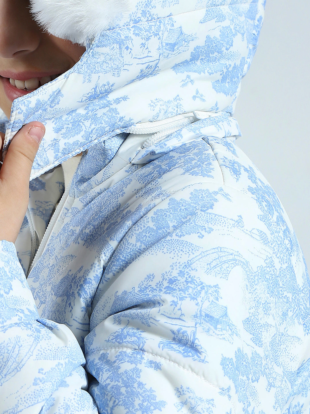 Girls Blue Printed Detachable Hood Full Sleeve Jacket