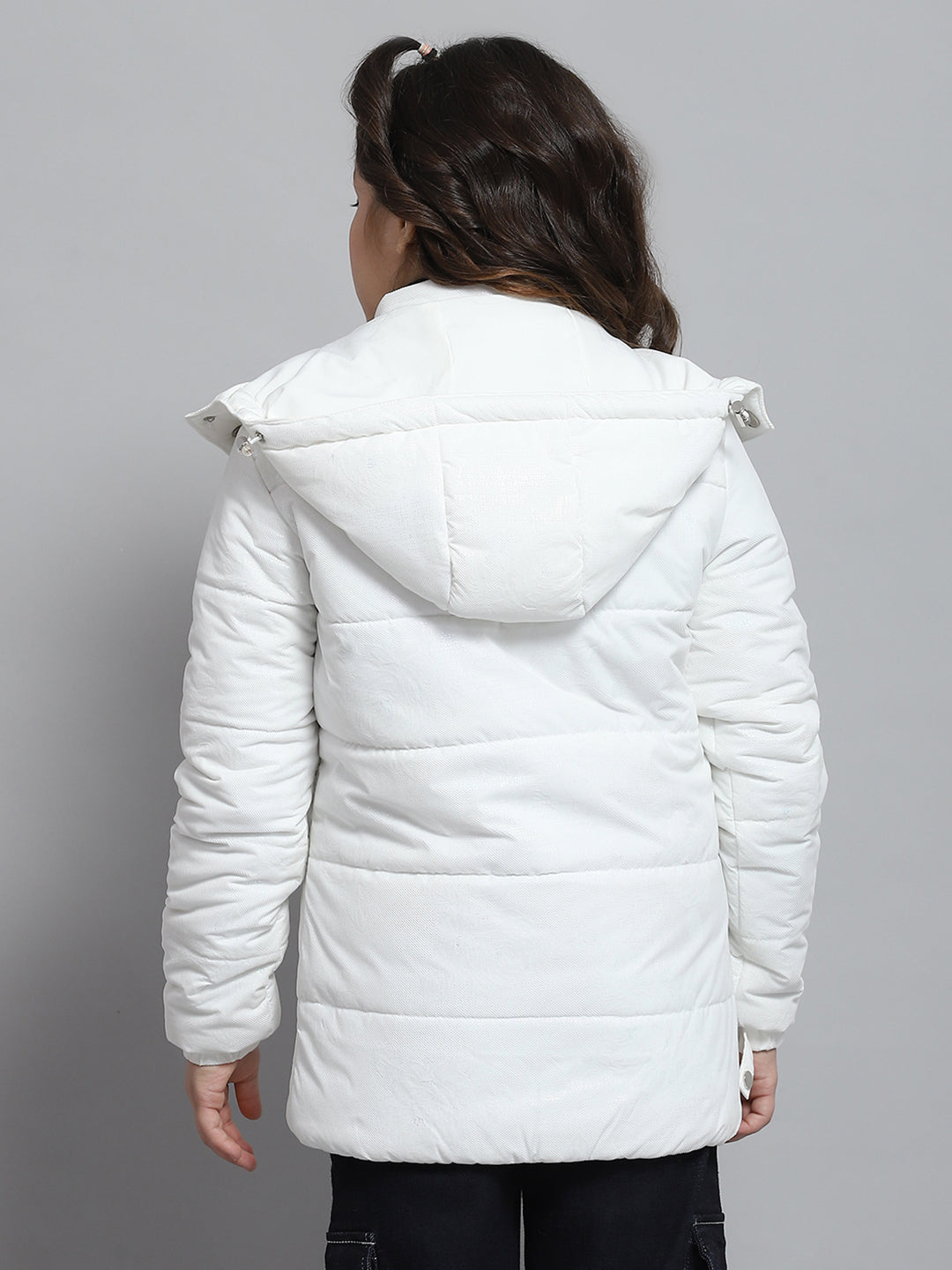 Girls White Solid Hooded Full Sleeve Jacket