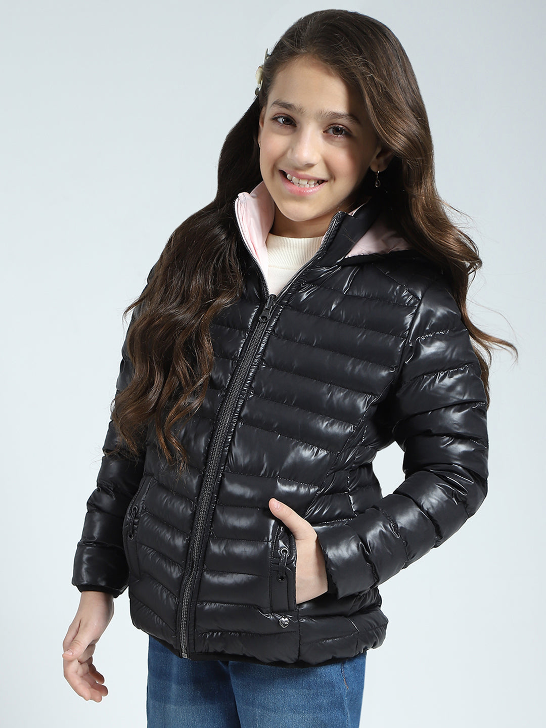 Girls Black Solid Hooded Full Sleeve Reversible Jacket