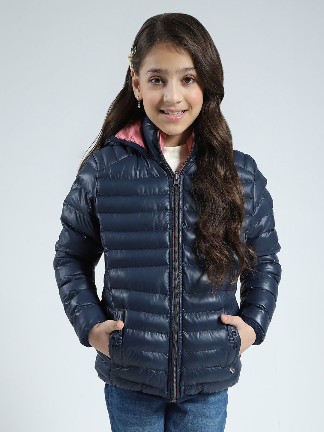 Girls Navy Blue Solid Hooded Full Sleeve Reversible Jacket