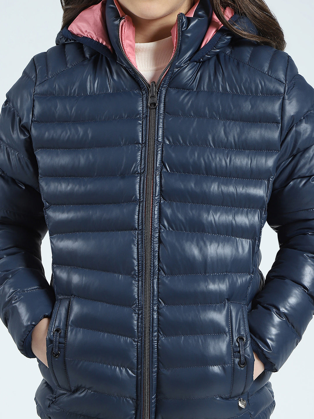 Girls Navy Blue Solid Hooded Full Sleeve Reversible Jacket