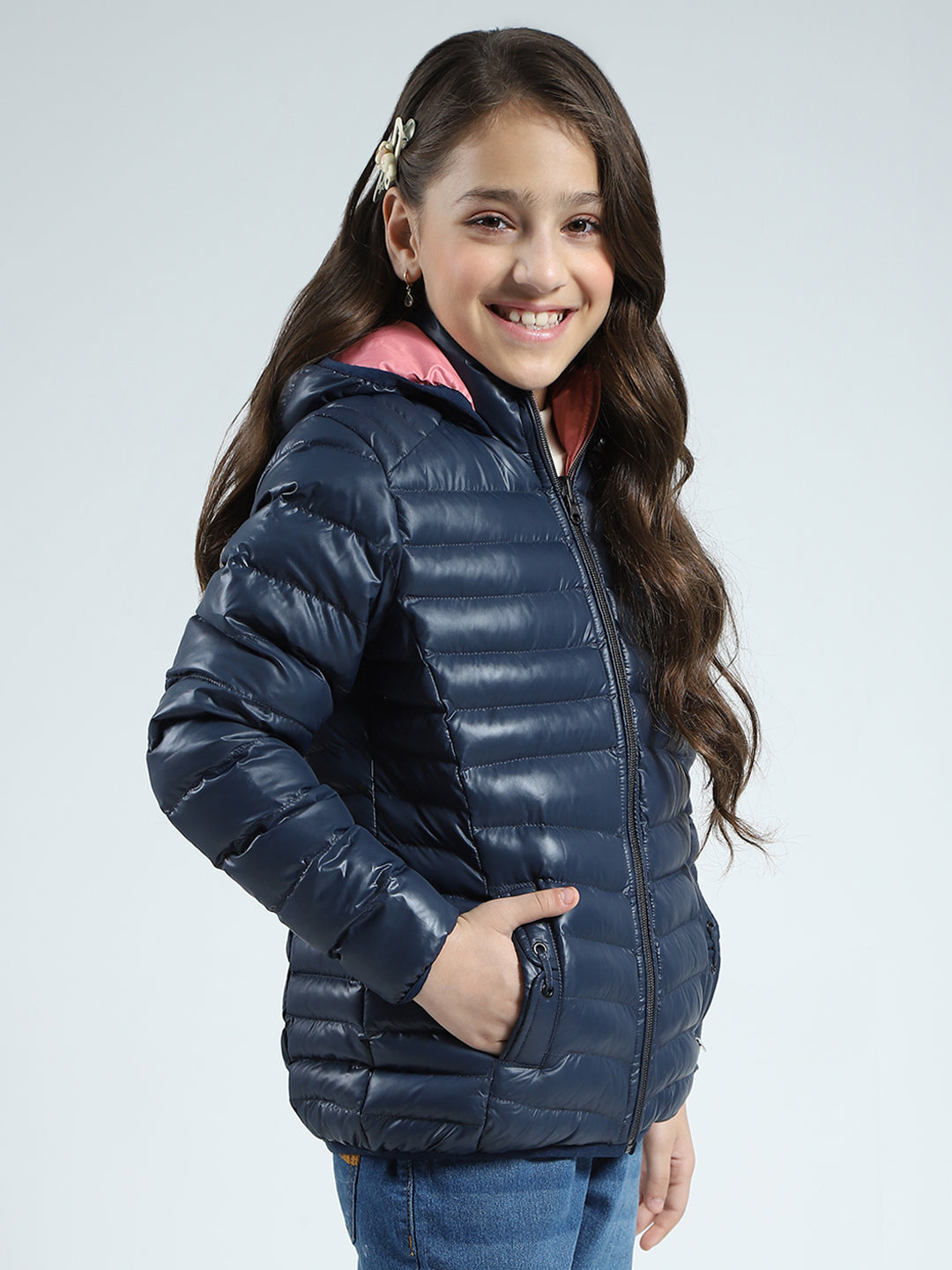 Girls Navy Blue Solid Hooded Full Sleeve Reversible Jacket