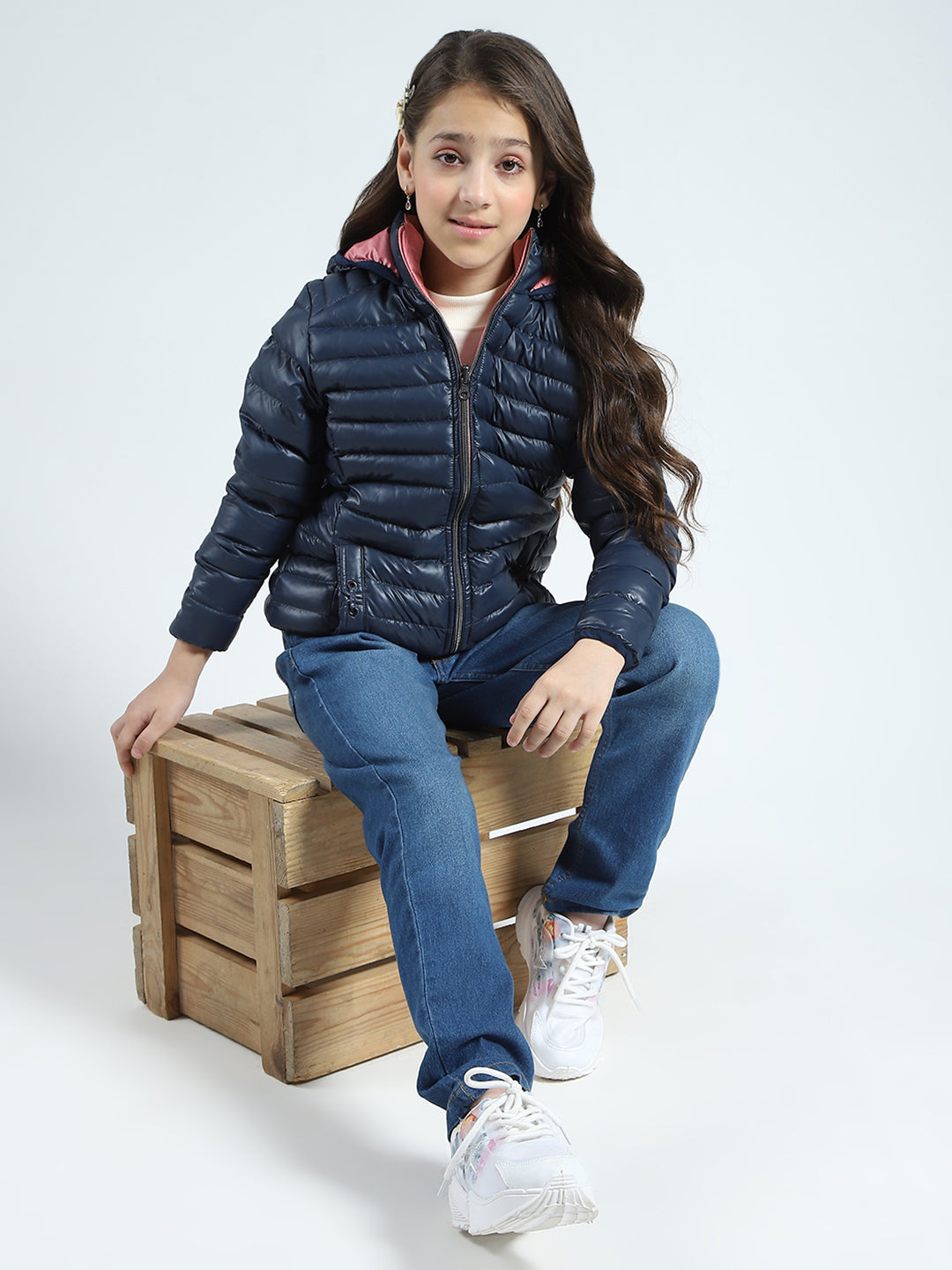 Girls Navy Blue Solid Hooded Full Sleeve Reversible Jacket
