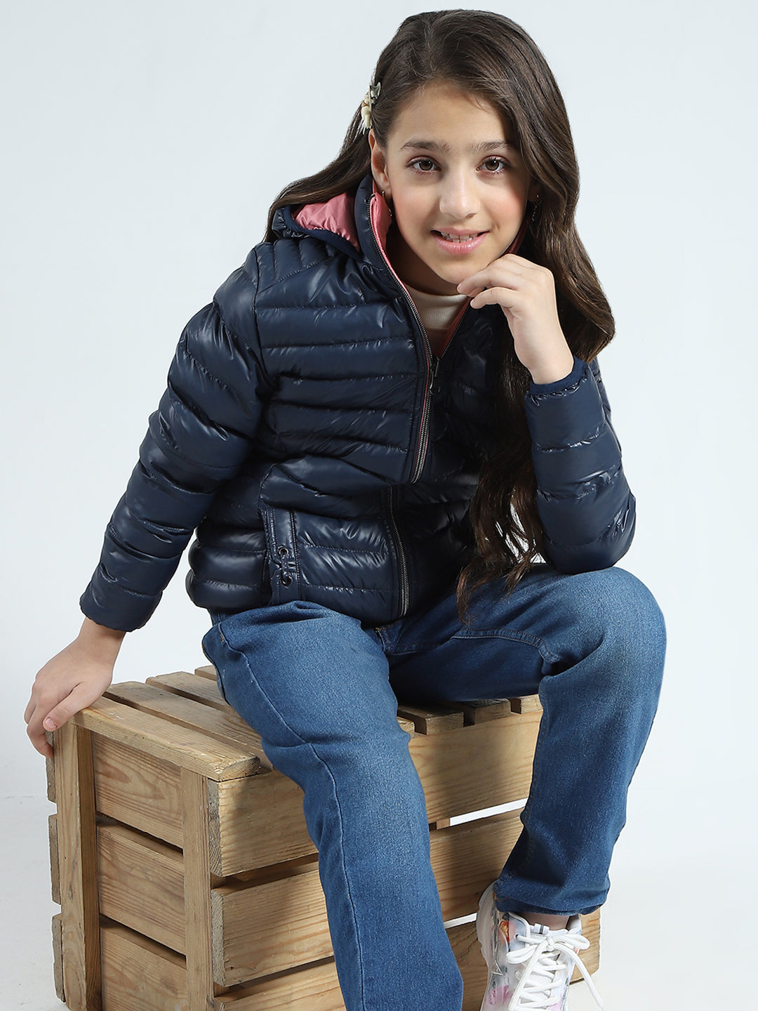 Girls Navy Blue Solid Hooded Full Sleeve Reversible Jacket