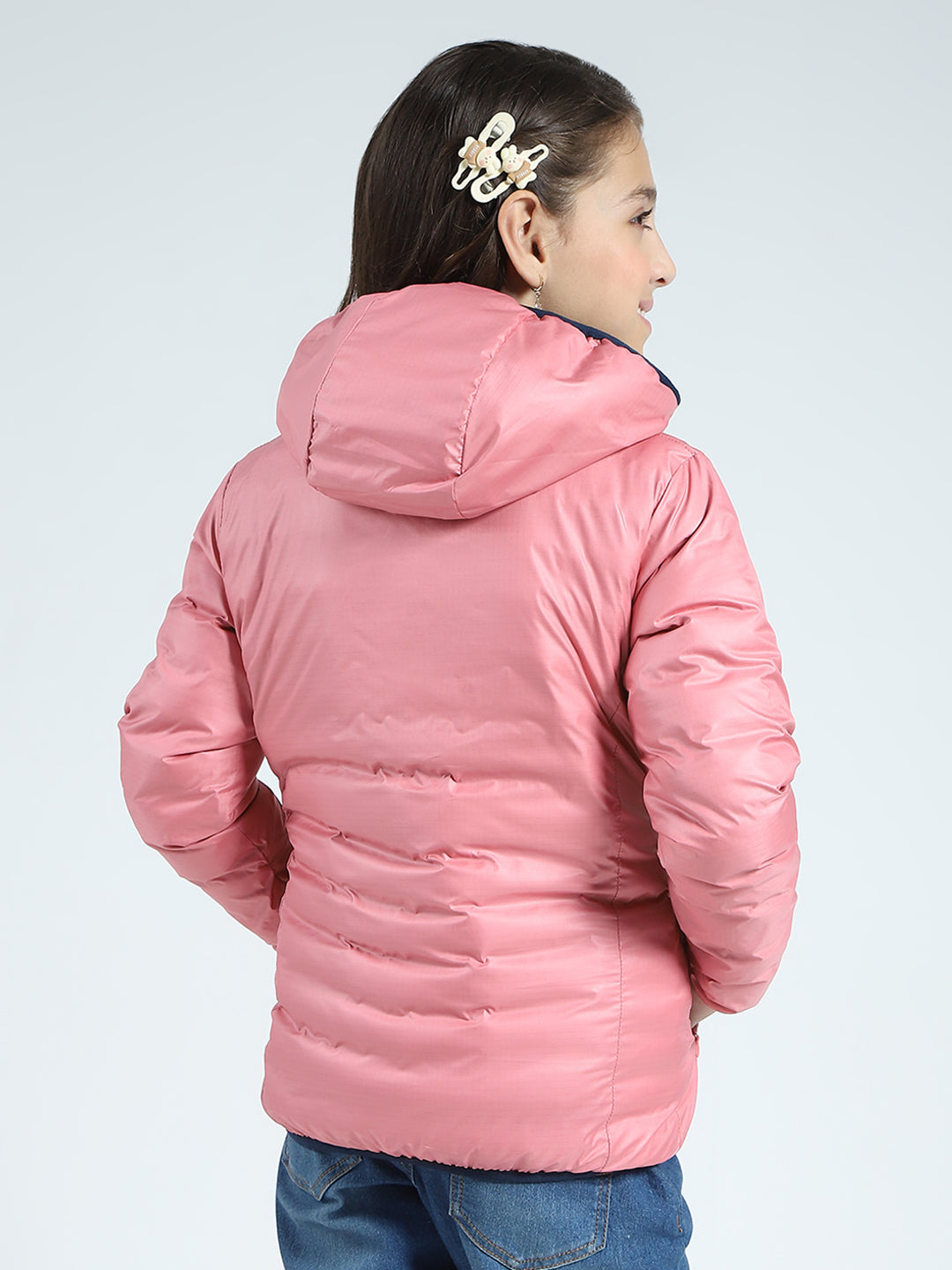 Girls Navy Blue Solid Hooded Full Sleeve Reversible Jacket