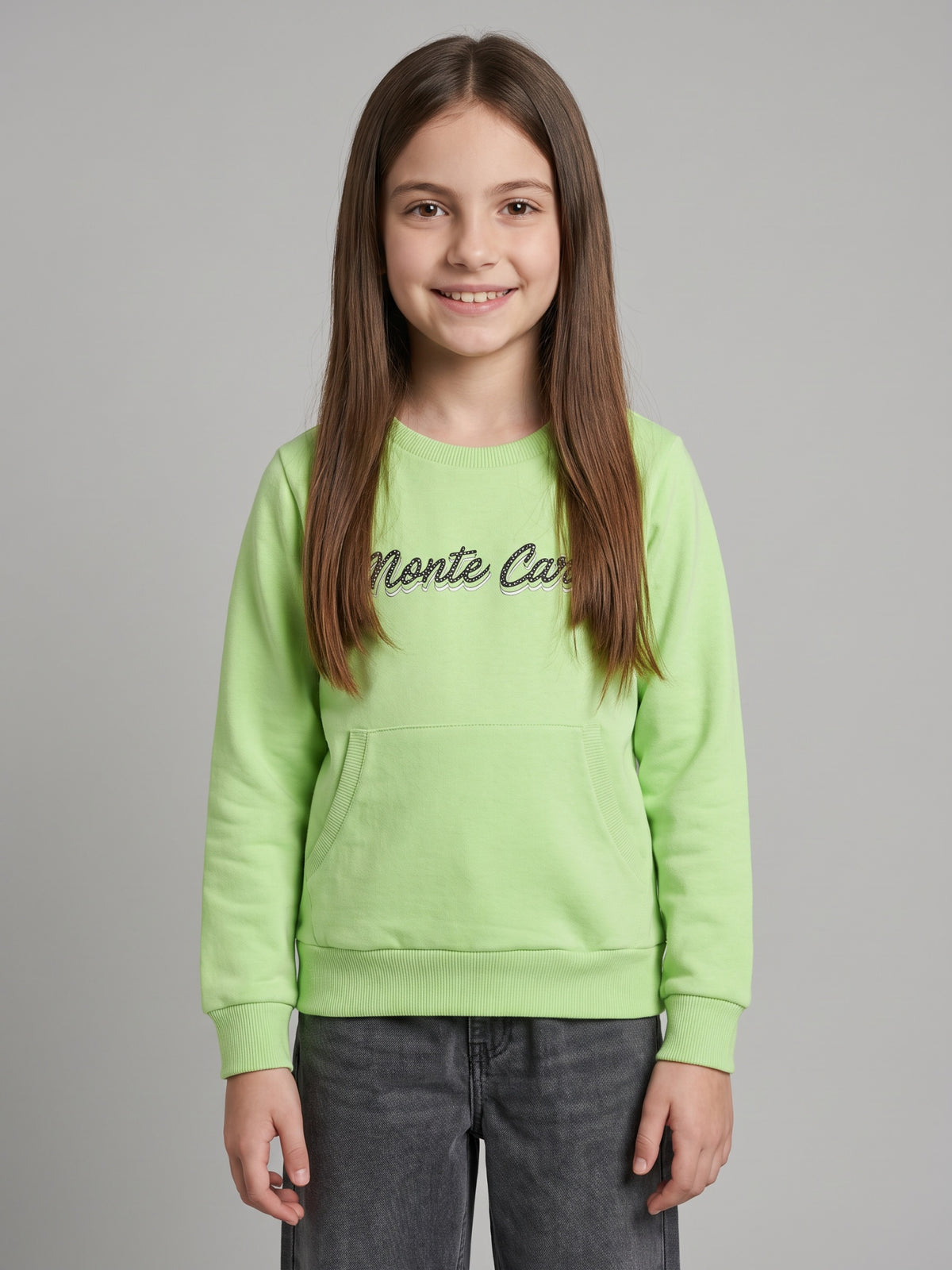 Girls Green Self Design Round Neck Full Sleeve Sweatshirt