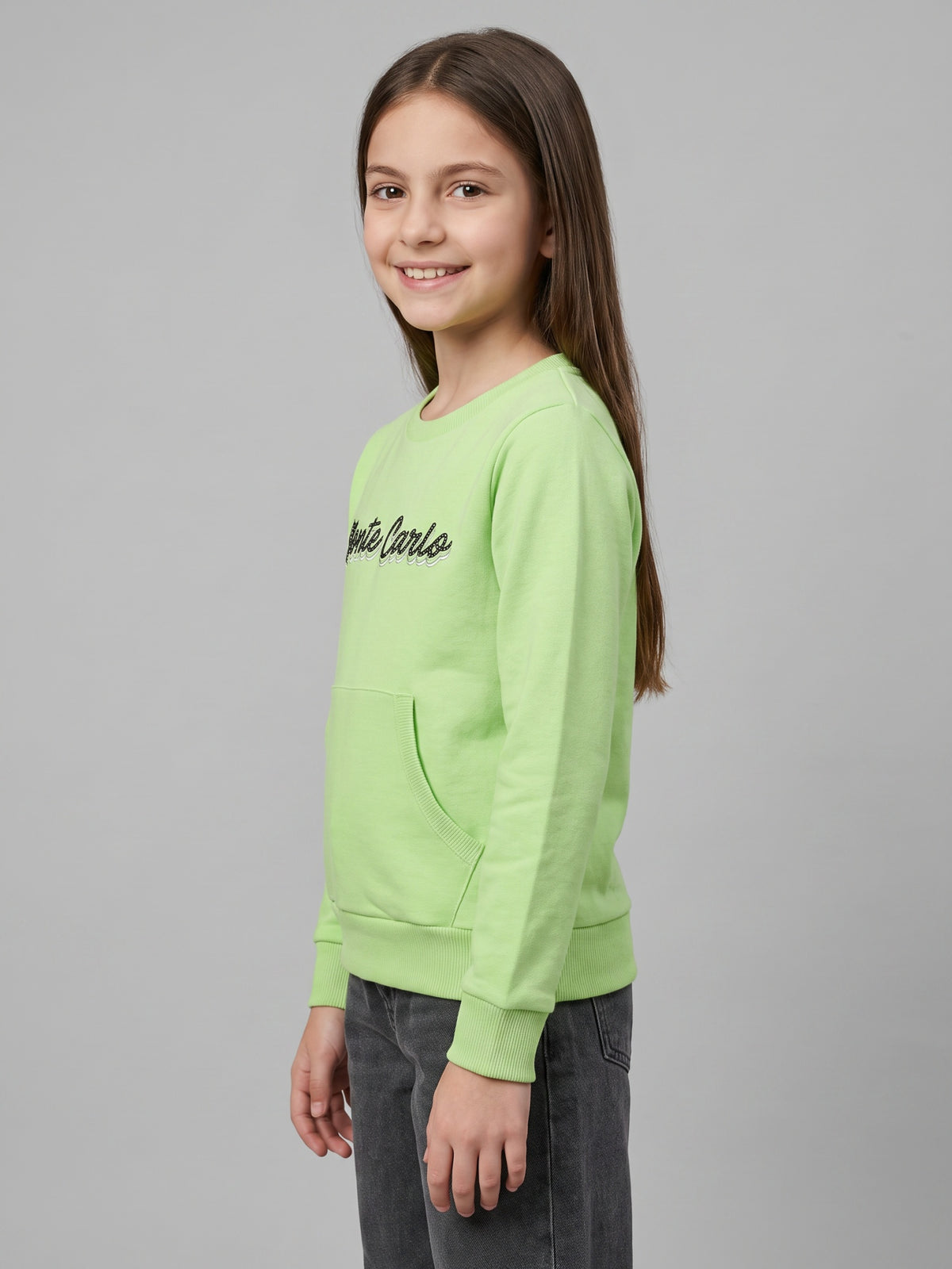 Girls Green Self Design Round Neck Full Sleeve Sweatshirt