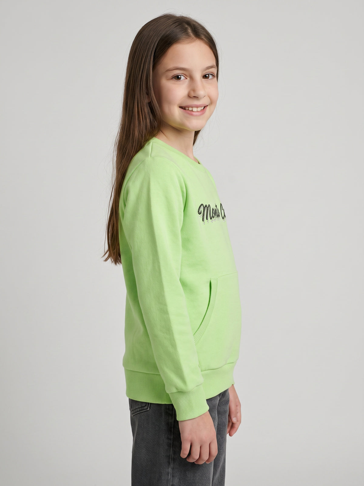 Girls Green Self Design Round Neck Full Sleeve Sweatshirt