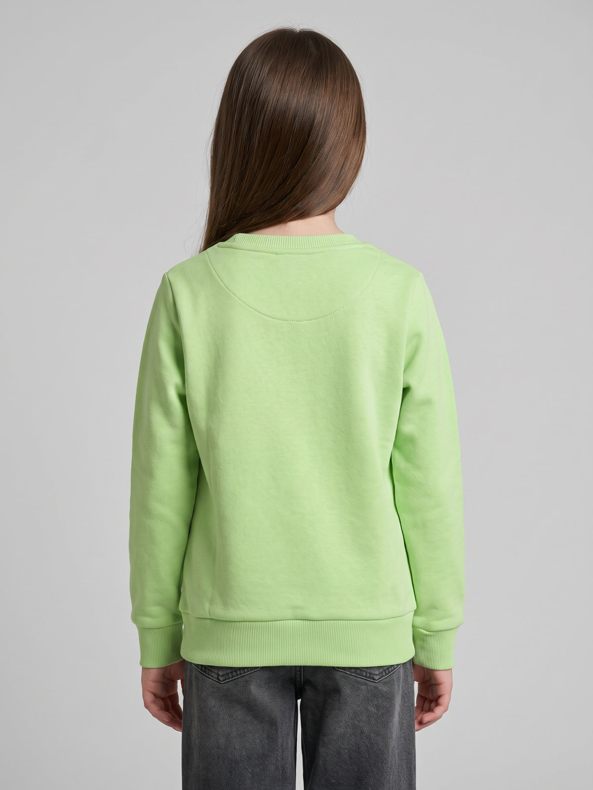 Girls Green Self Design Round Neck Full Sleeve Sweatshirt
