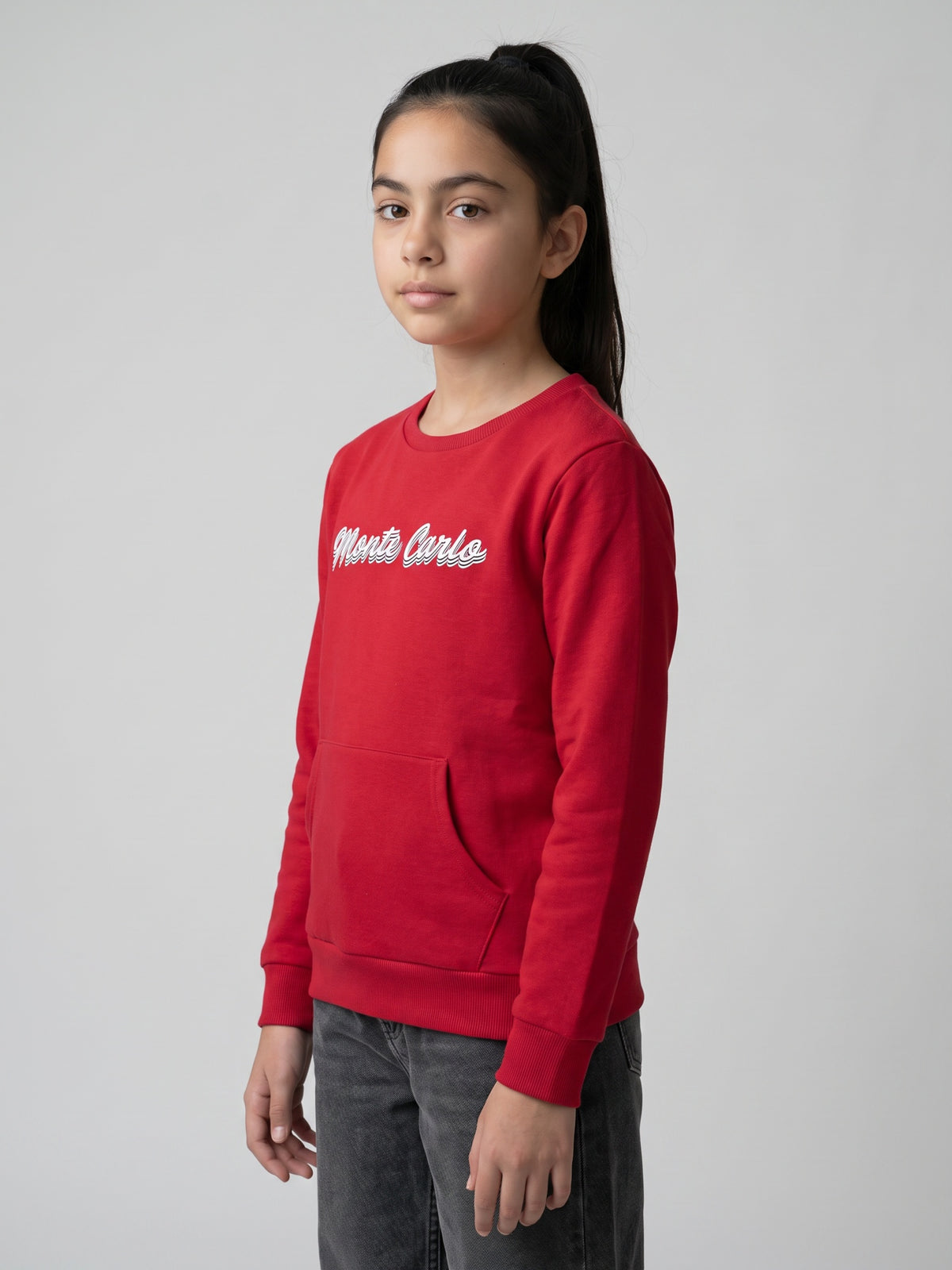 Girls Red Self Design Round Neck Full Sleeve Sweatshirt
