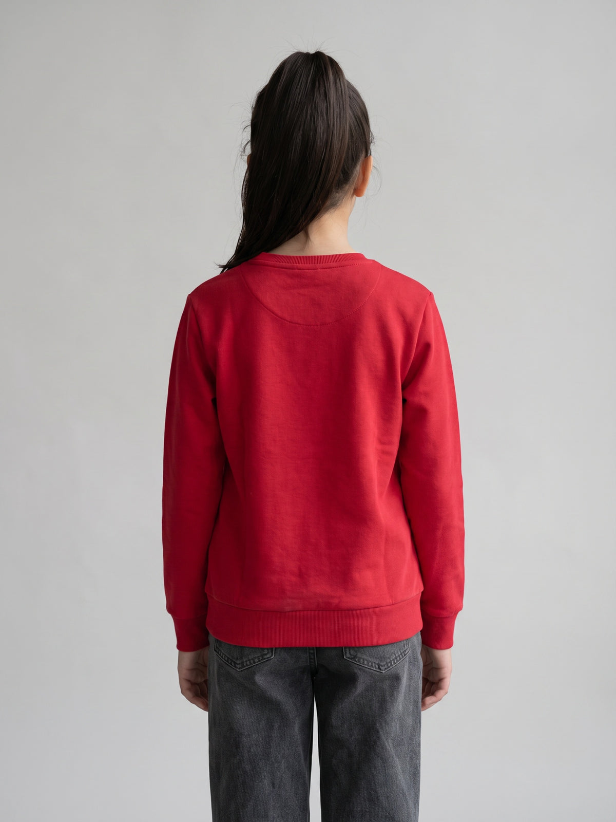 Girls Red Self Design Round Neck Full Sleeve Sweatshirt