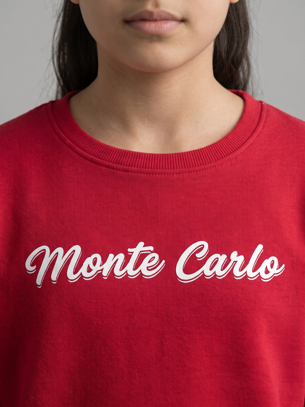 Girls Red Self Design Round Neck Full Sleeve Sweatshirt