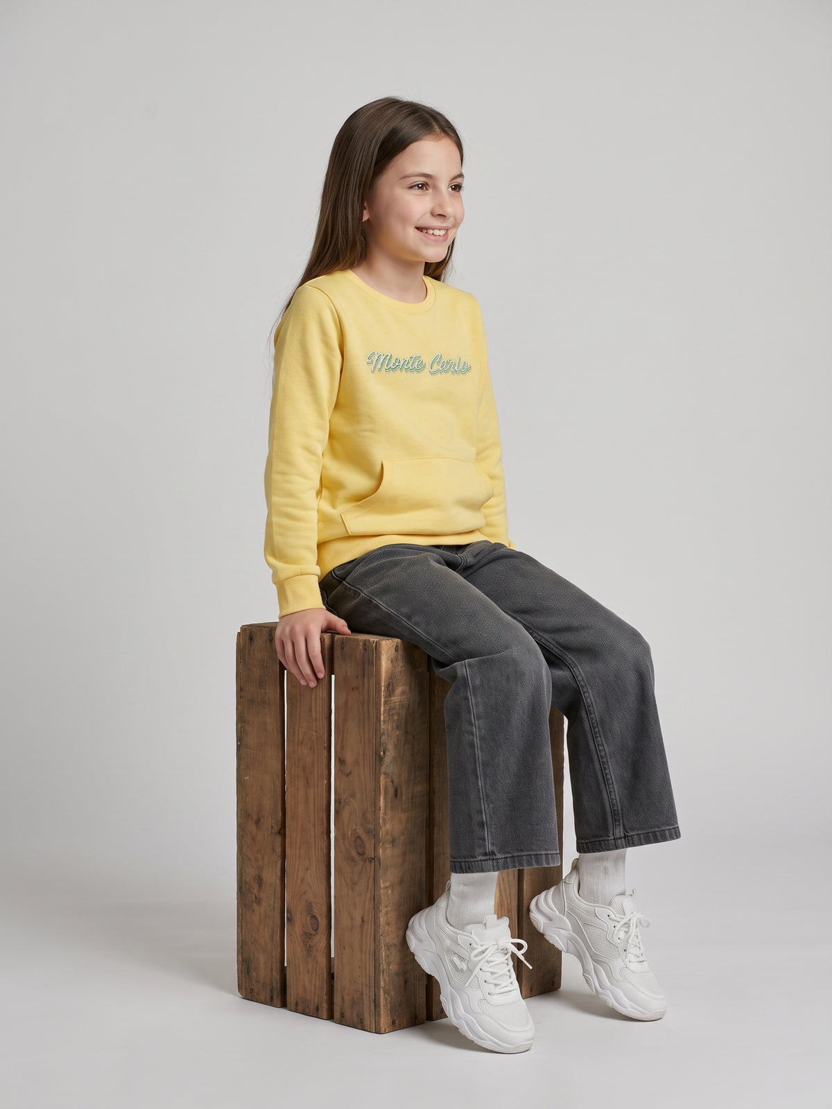 Girls Yellow Self Design Round Neck Full Sleeve Sweatshirt