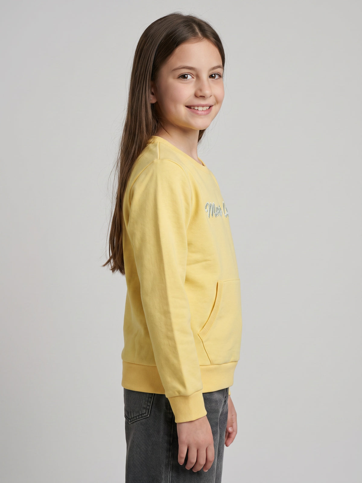Girls Yellow Self Design Round Neck Full Sleeve Sweatshirt