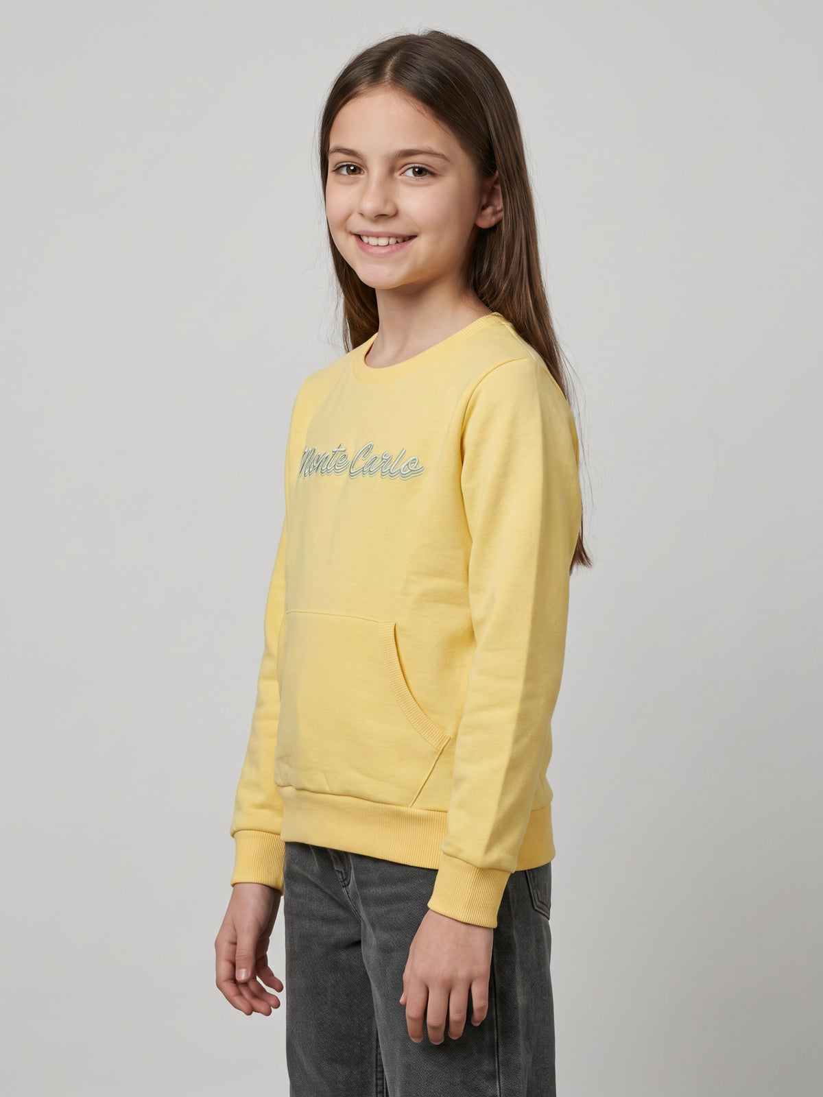 Girls Yellow Self Design Round Neck Full Sleeve Sweatshirt