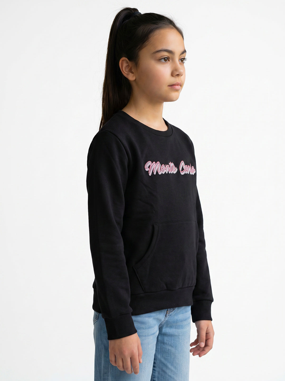 Girls Black Self Design Round Neck Full Sleeve Sweatshirt