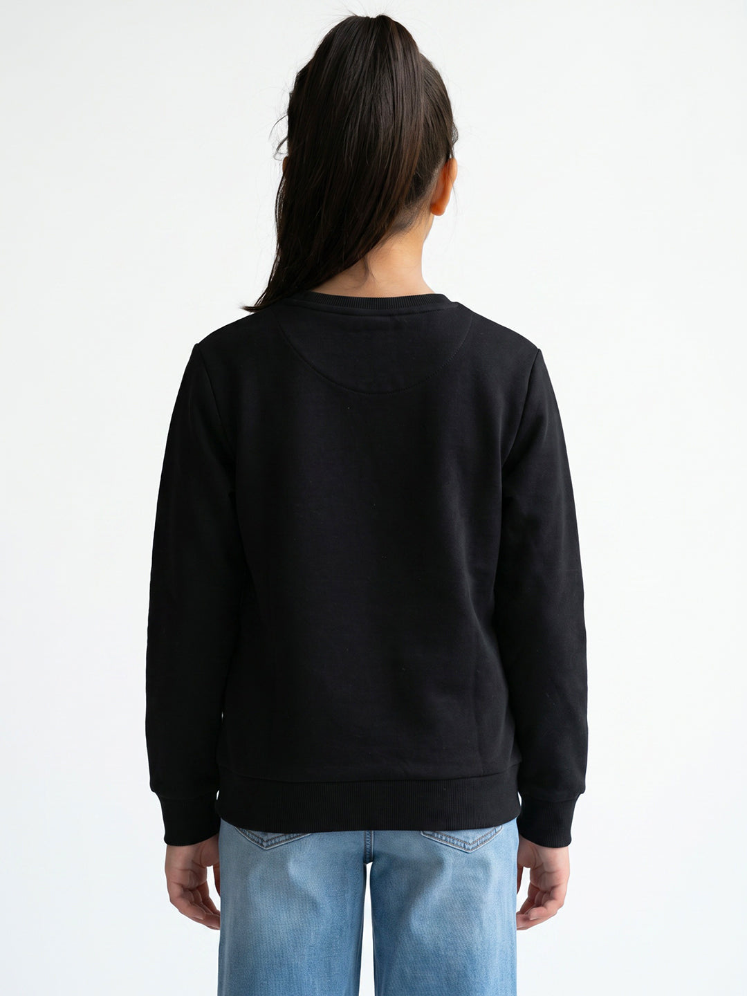 Girls Black Self Design Round Neck Full Sleeve Sweatshirt