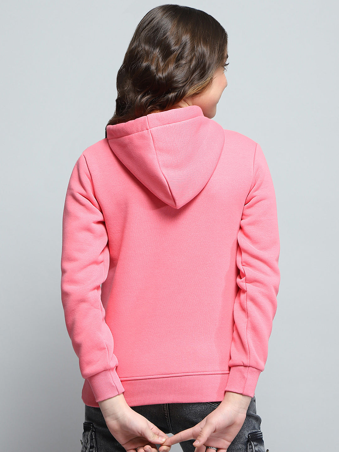 Girls Pink Printed Hooded Full Sleeve Sweatshirt