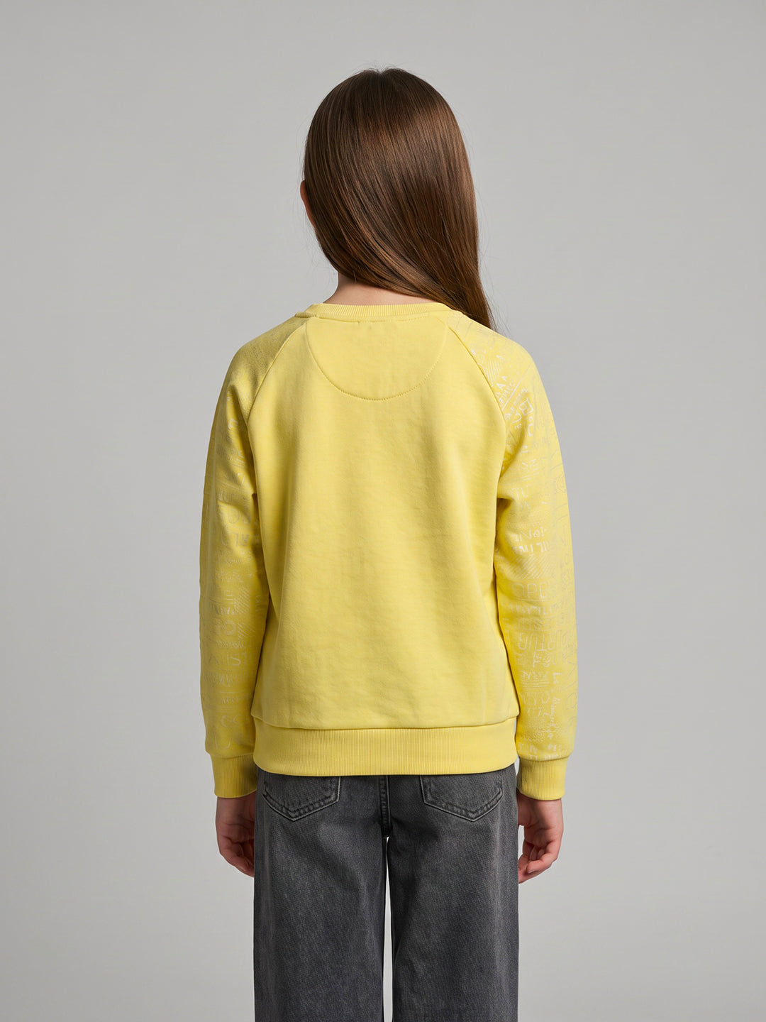 Girls Yellow Self Design Round Neck Full Sleeve Sweatshirt