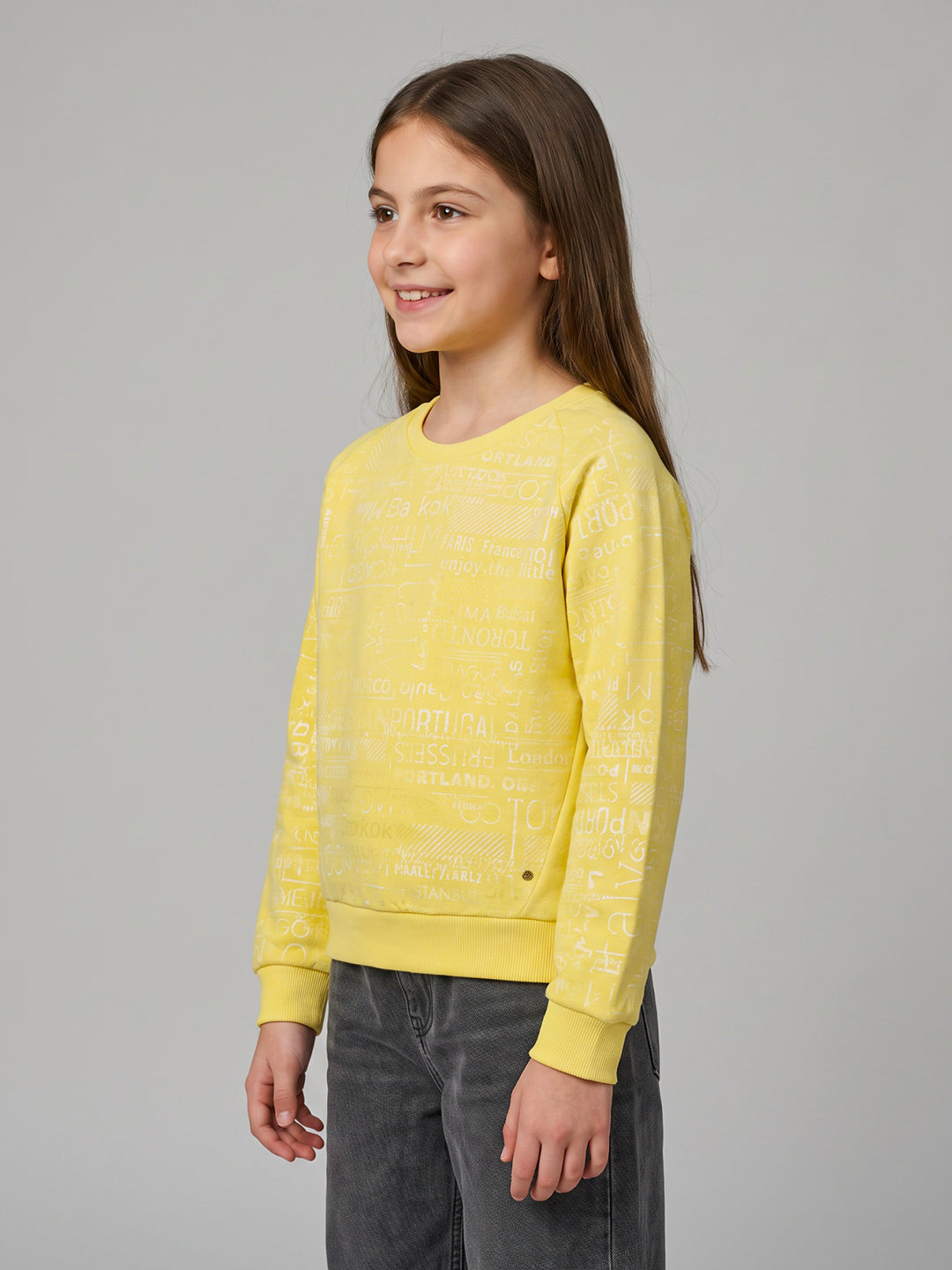 Girls Yellow Self Design Round Neck Full Sleeve Sweatshirt