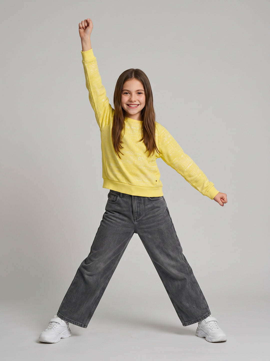 Girls Yellow Self Design Round Neck Full Sleeve Sweatshirt