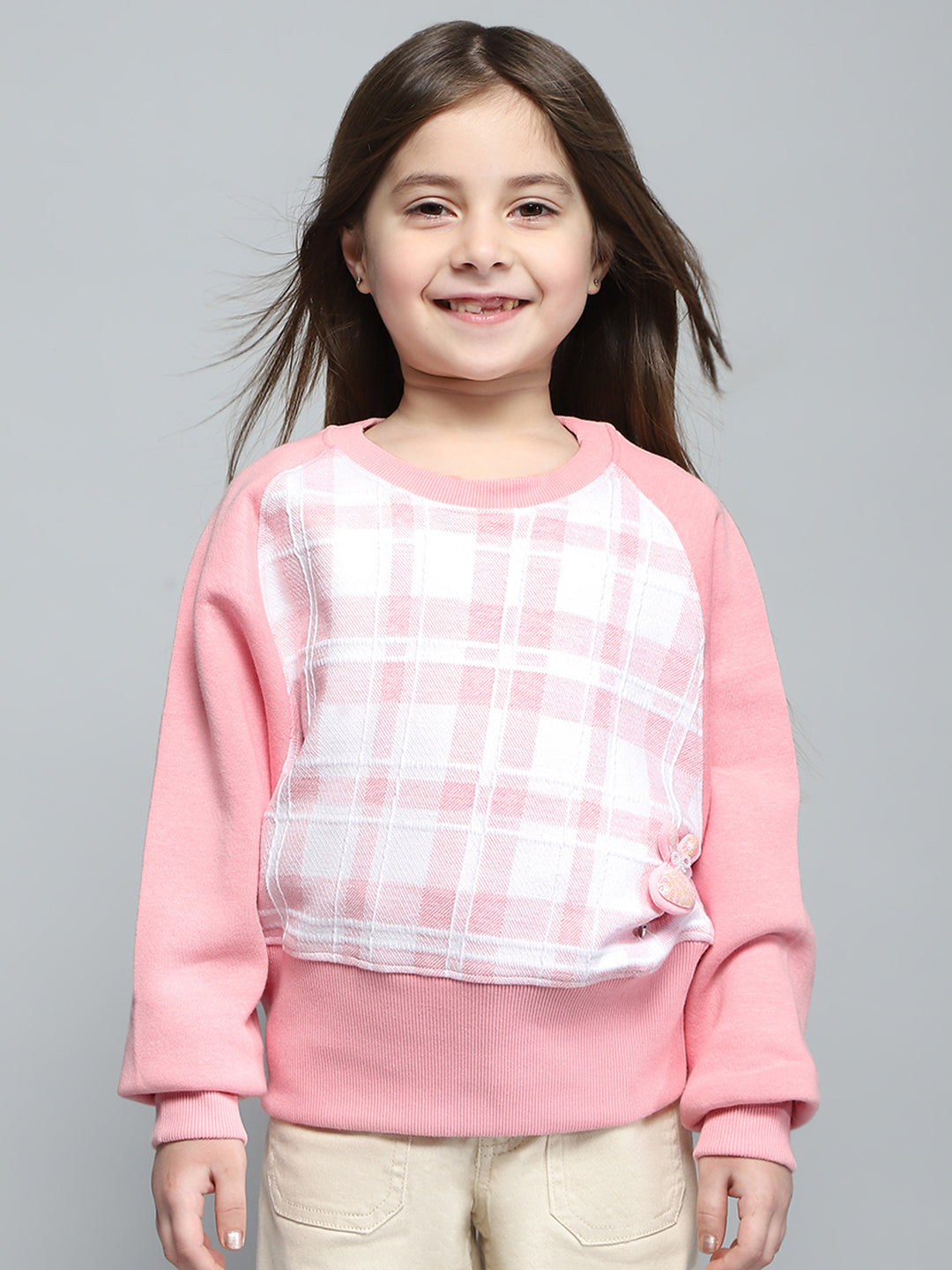 Girls Pink Self Design Round Neck Full Sleeve Sweatshirt