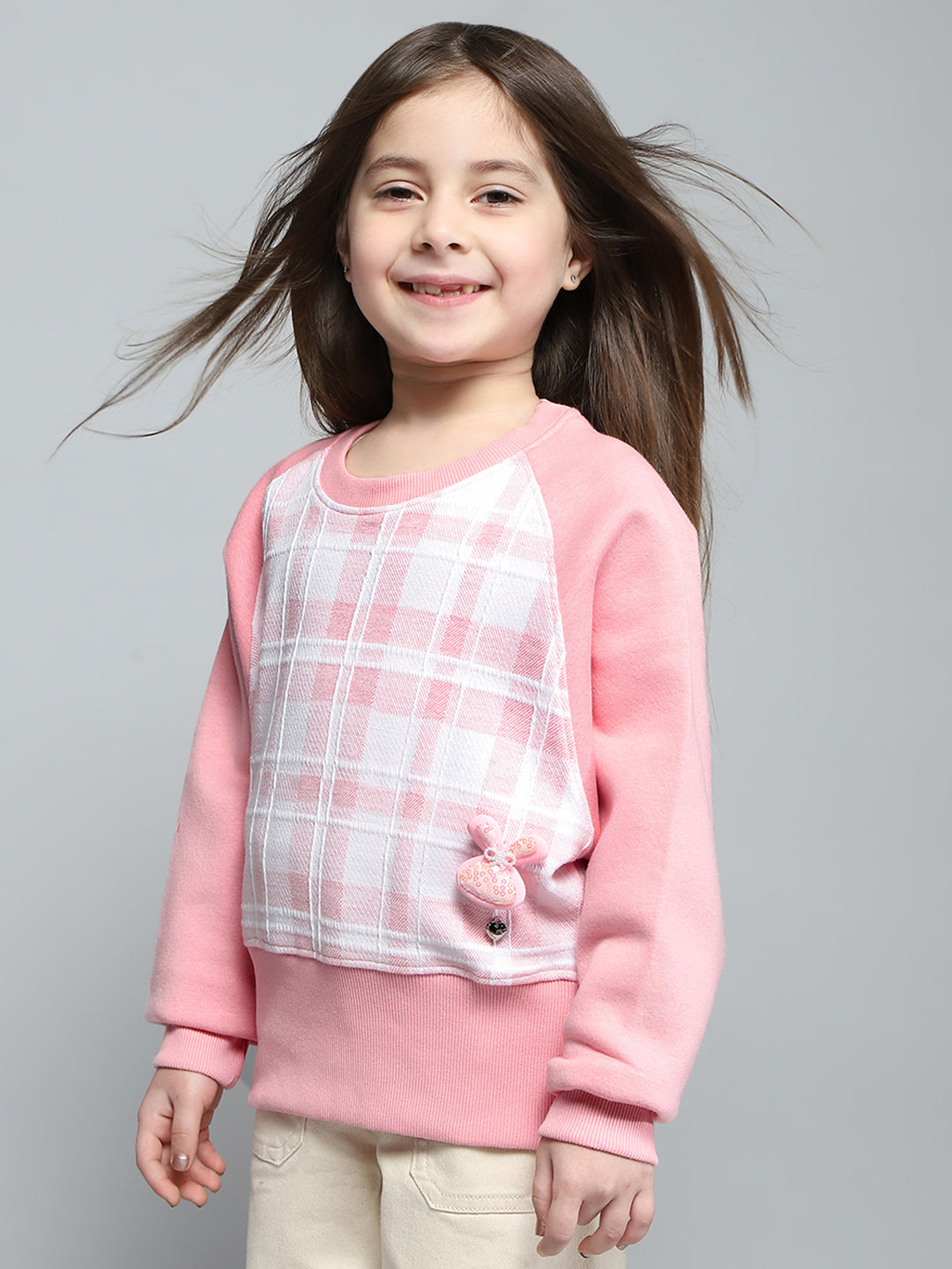 Girls Pink Self Design Round Neck Full Sleeve Sweatshirt