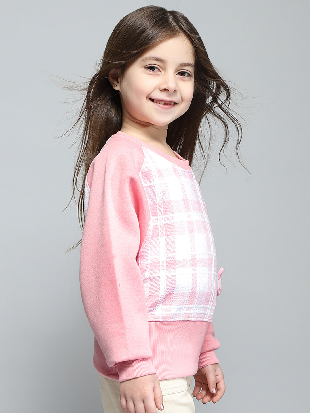 Girls Pink Self Design Round Neck Full Sleeve Sweatshirt