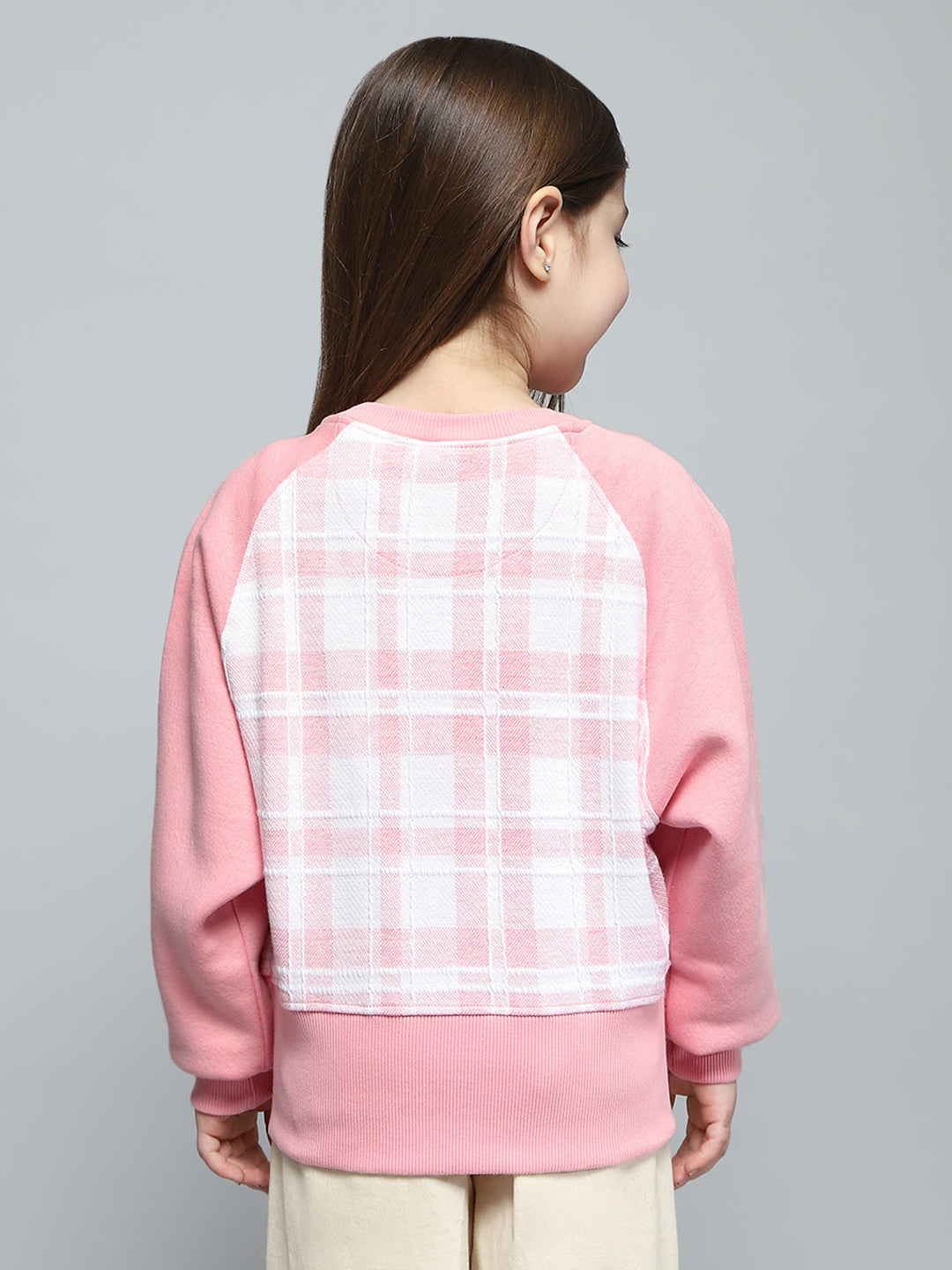 Girls Pink Self Design Round Neck Full Sleeve Sweatshirt