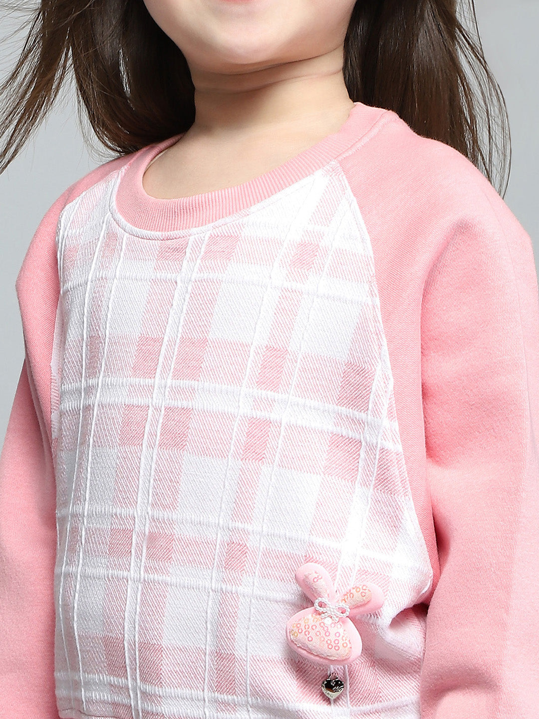 Girls Pink Self Design Round Neck Full Sleeve Sweatshirt