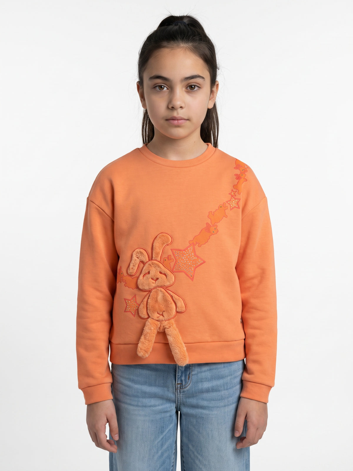 Girls Orange Printed Round Neck Full Sleeve Sweatshirt