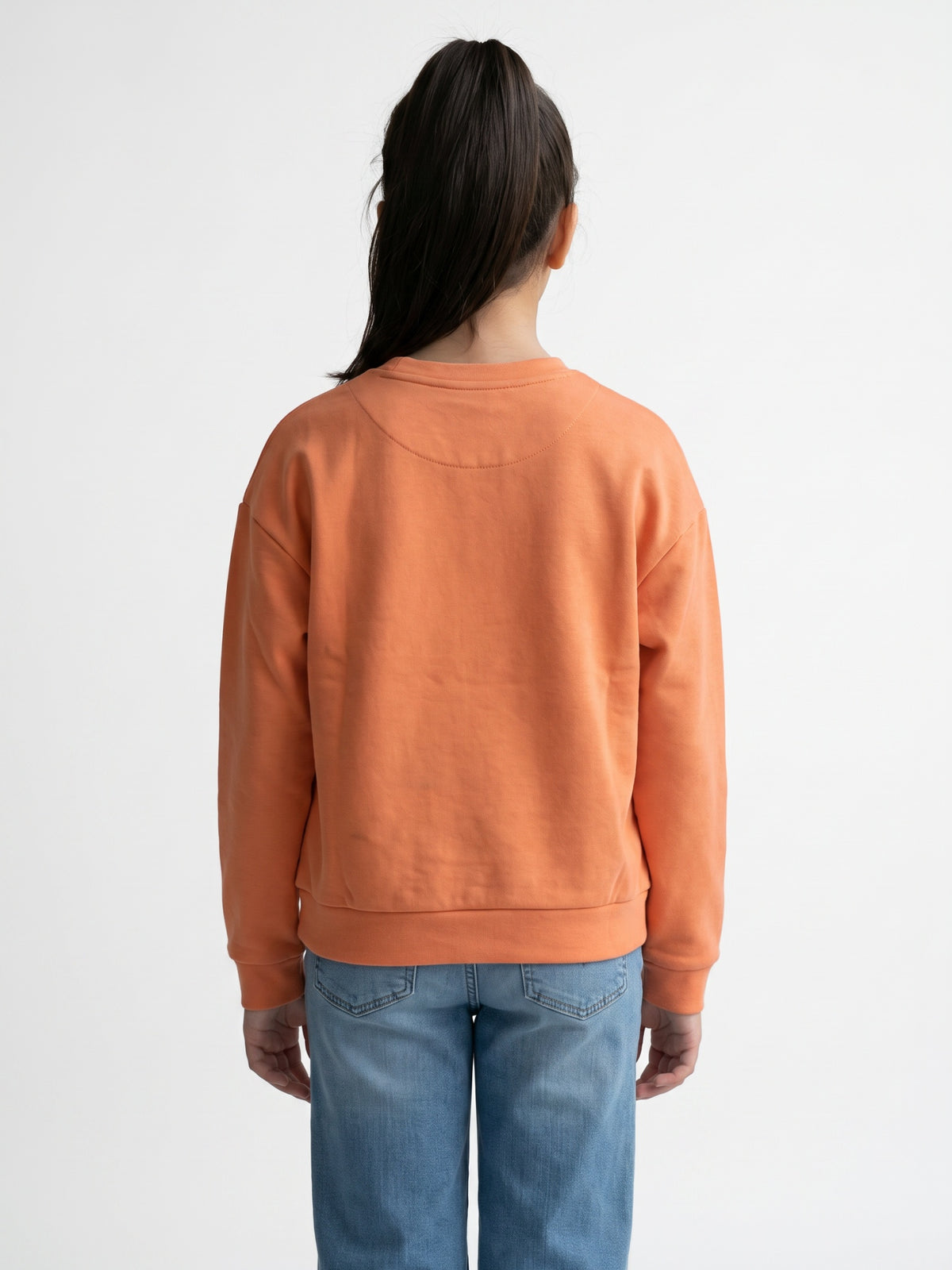 Girls Orange Printed Round Neck Full Sleeve Sweatshirt