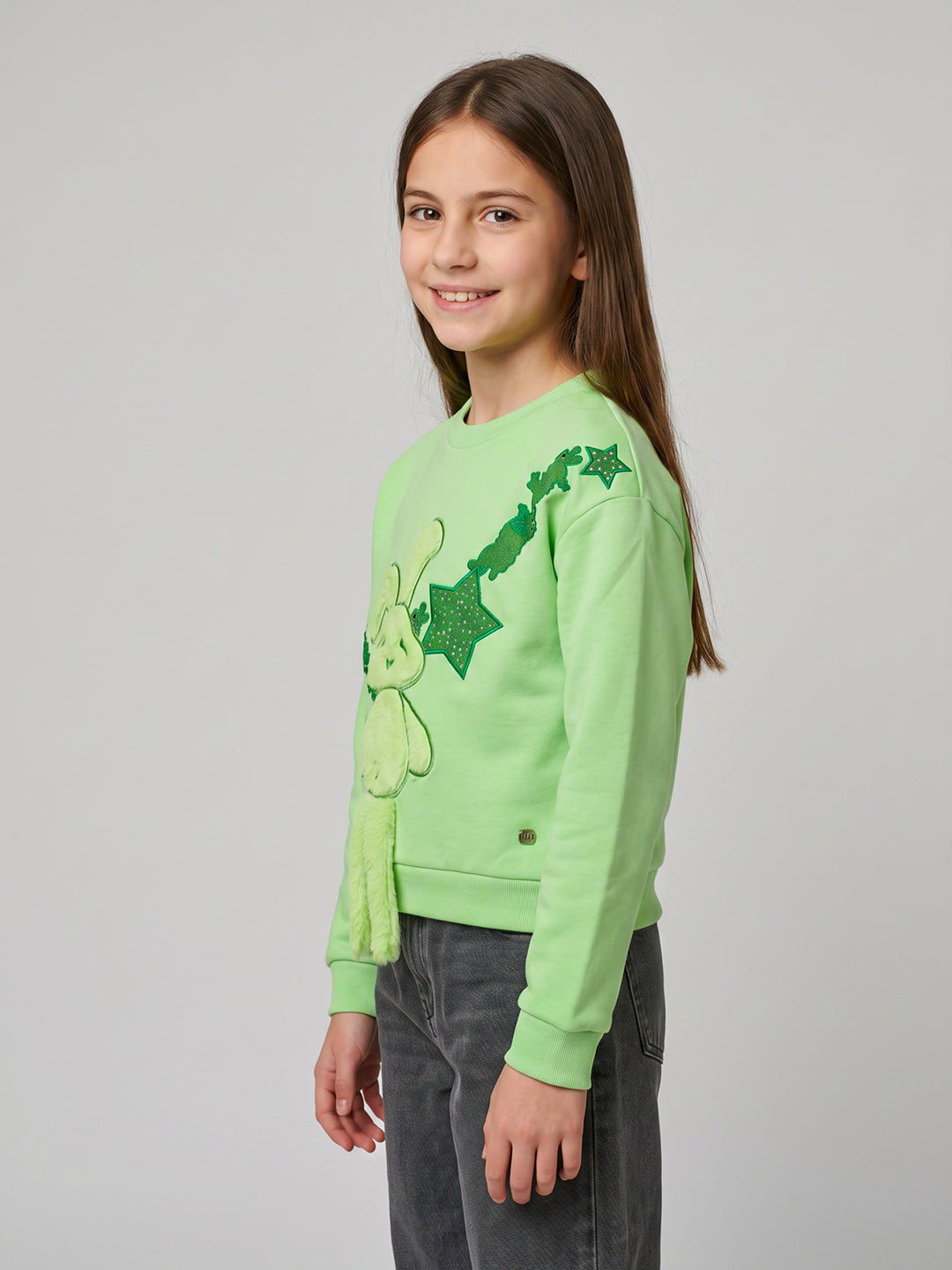 Girls Green Printed Round Neck Full Sleeve Sweatshirt