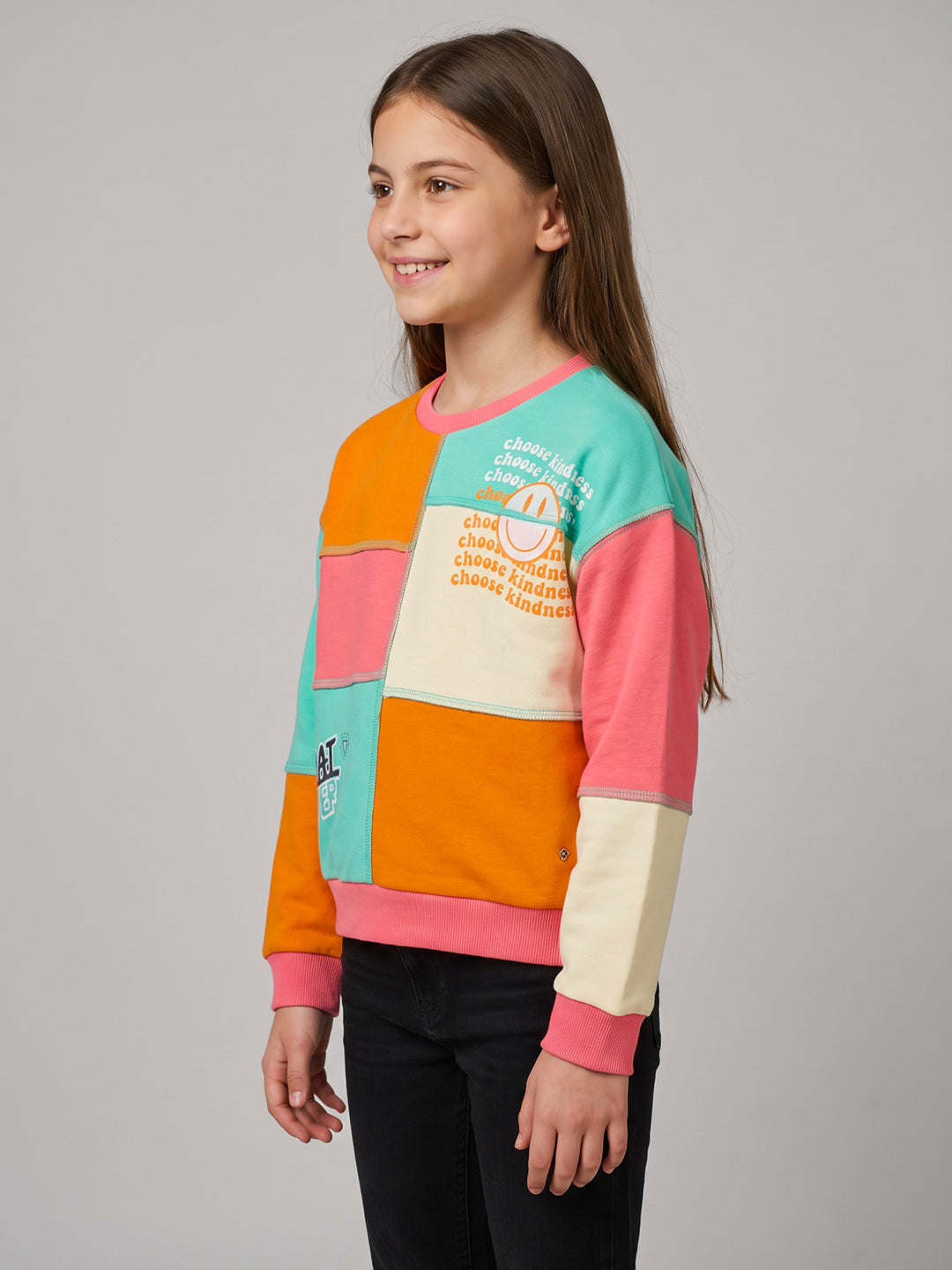 Girls Aqua Blue Colourblocked Round Neck Full Sleeve Sweatshirt