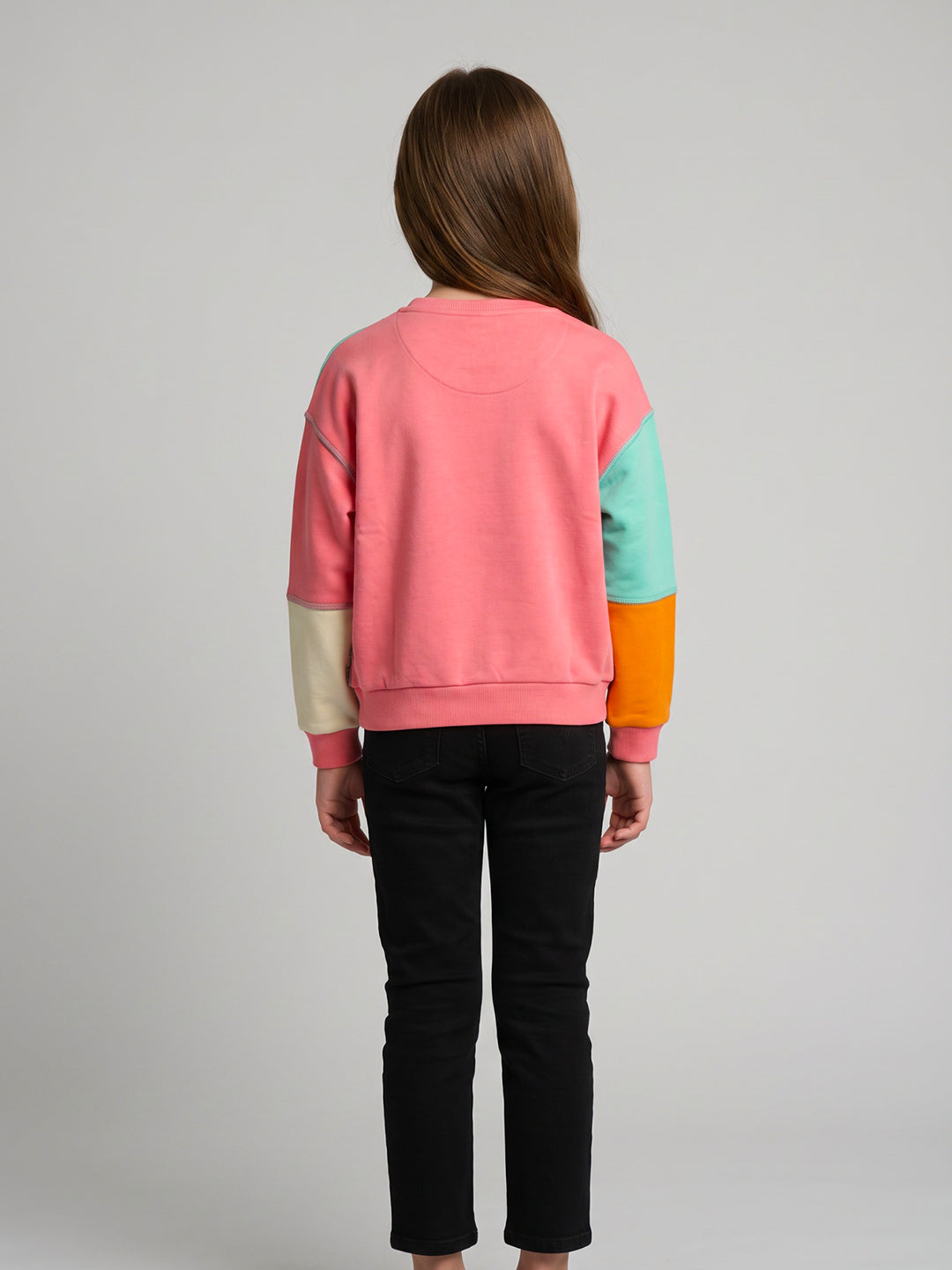 Girls Aqua Blue Colourblocked Round Neck Full Sleeve Sweatshirt
