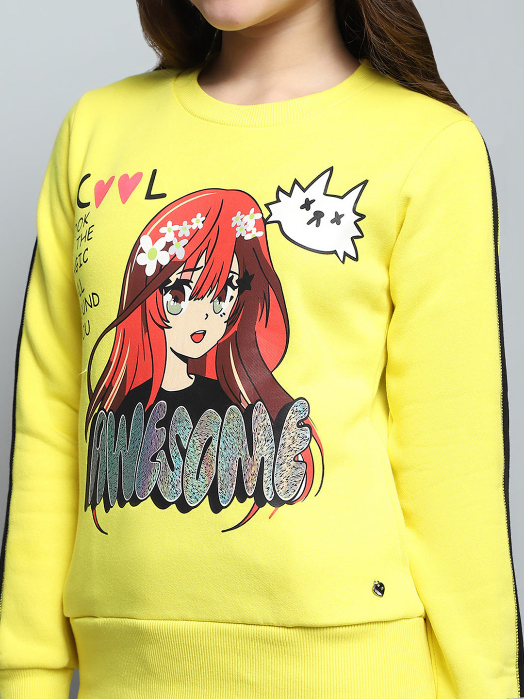 Girls Yellow Printed Round Neck Full Sleeve Sweatshirt