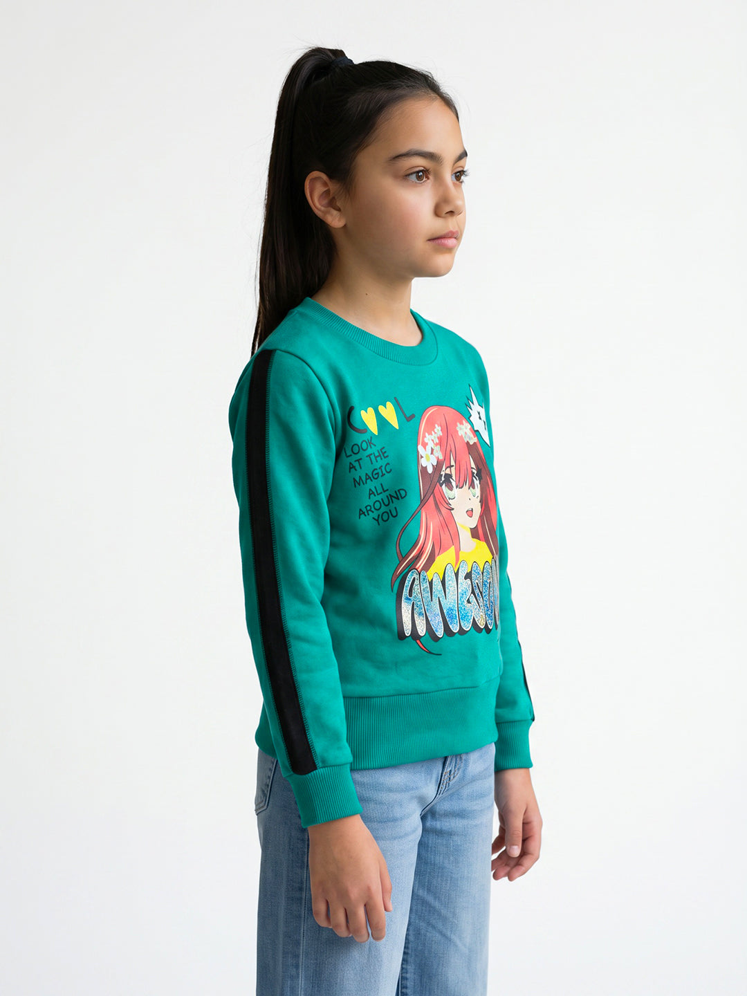 Girls Teal Blue & Black Graphic Print Round Neck Full Sleeve Sweatshirt