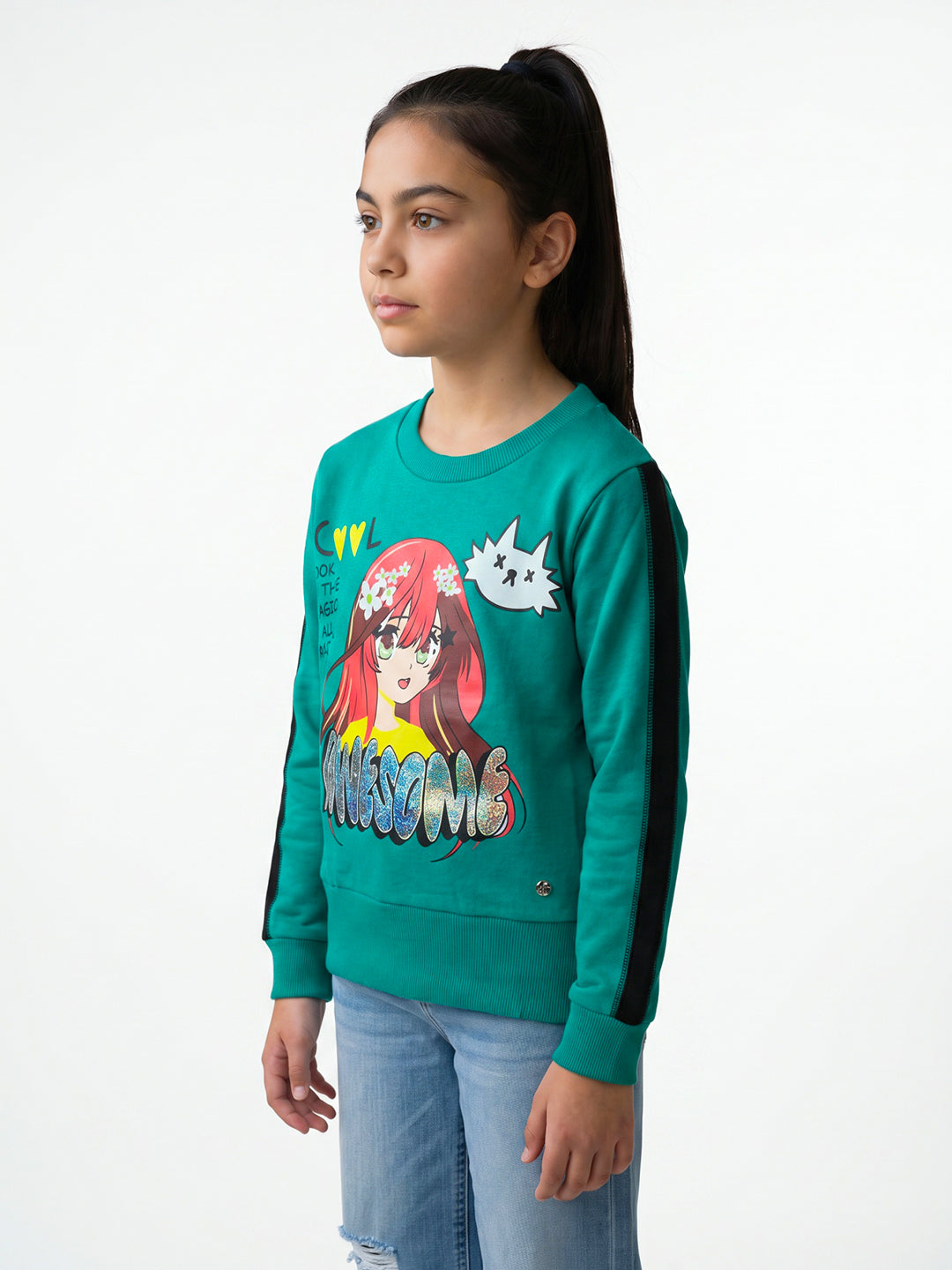 Girls Teal Blue & Black Graphic Print Round Neck Full Sleeve Sweatshirt