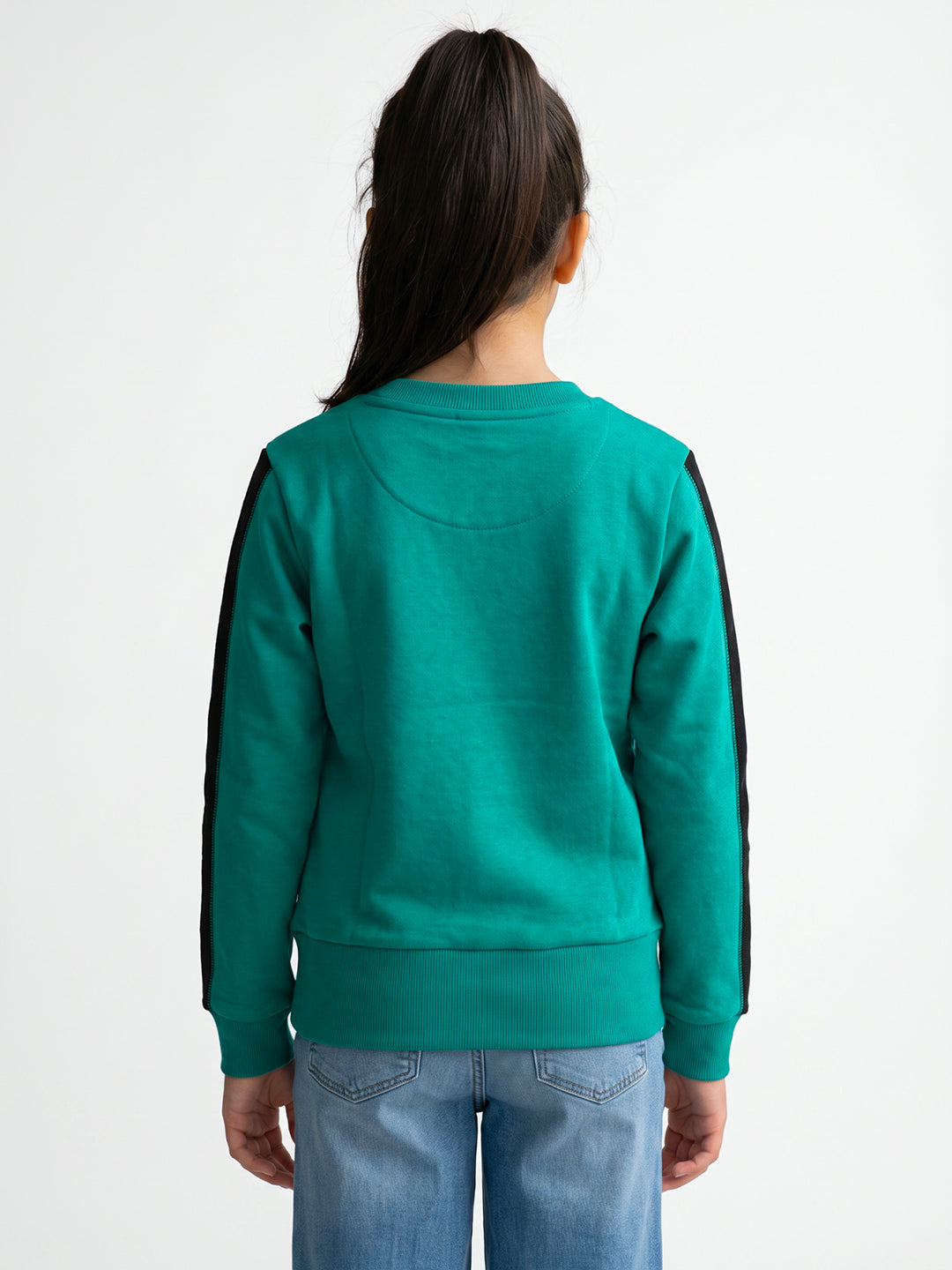 Girls Teal Blue & Black Graphic Print Round Neck Full Sleeve Sweatshirt
