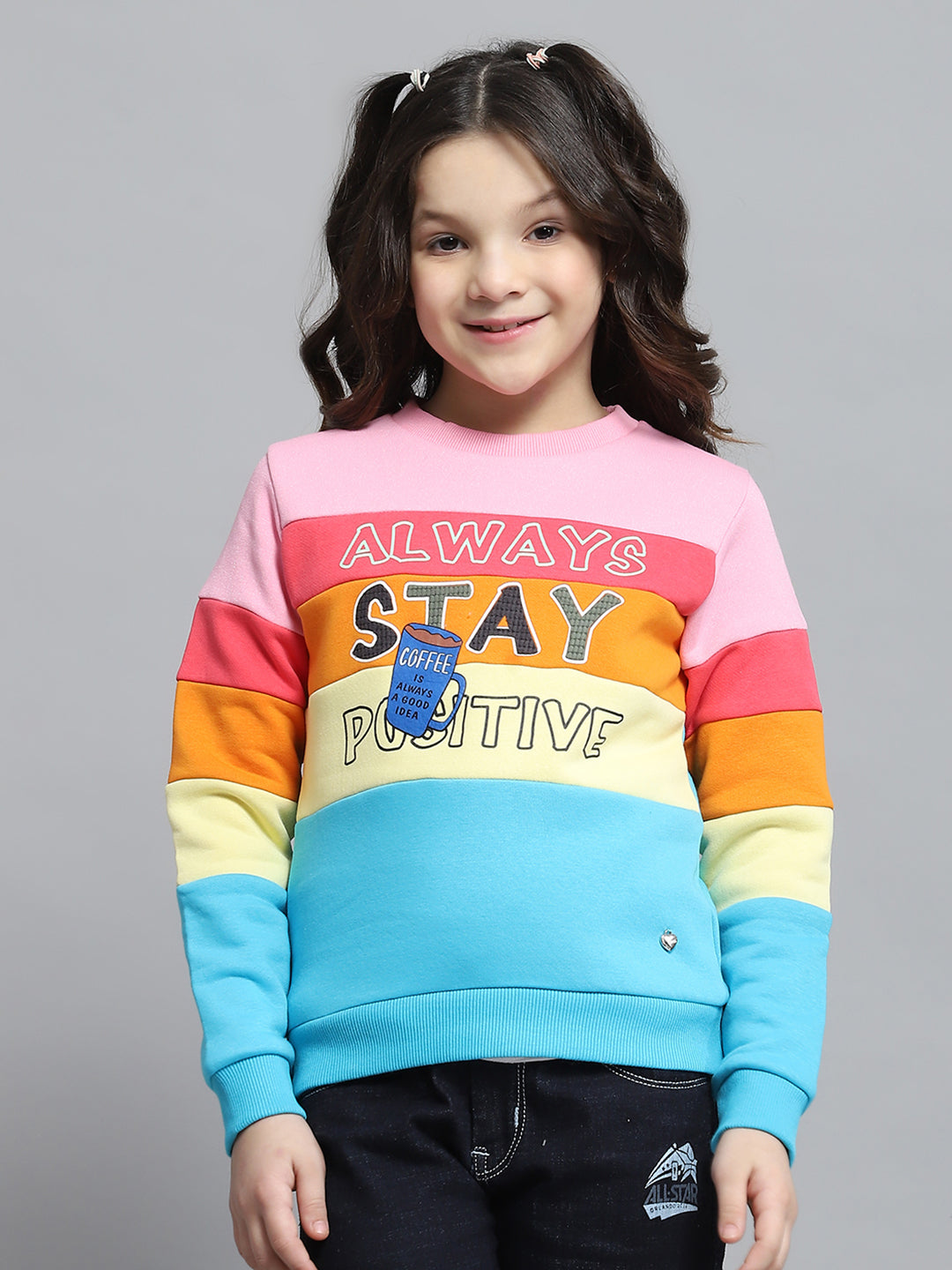 Girls Black & Pink Printed Round Neck Full Sleeve Sweatshirt