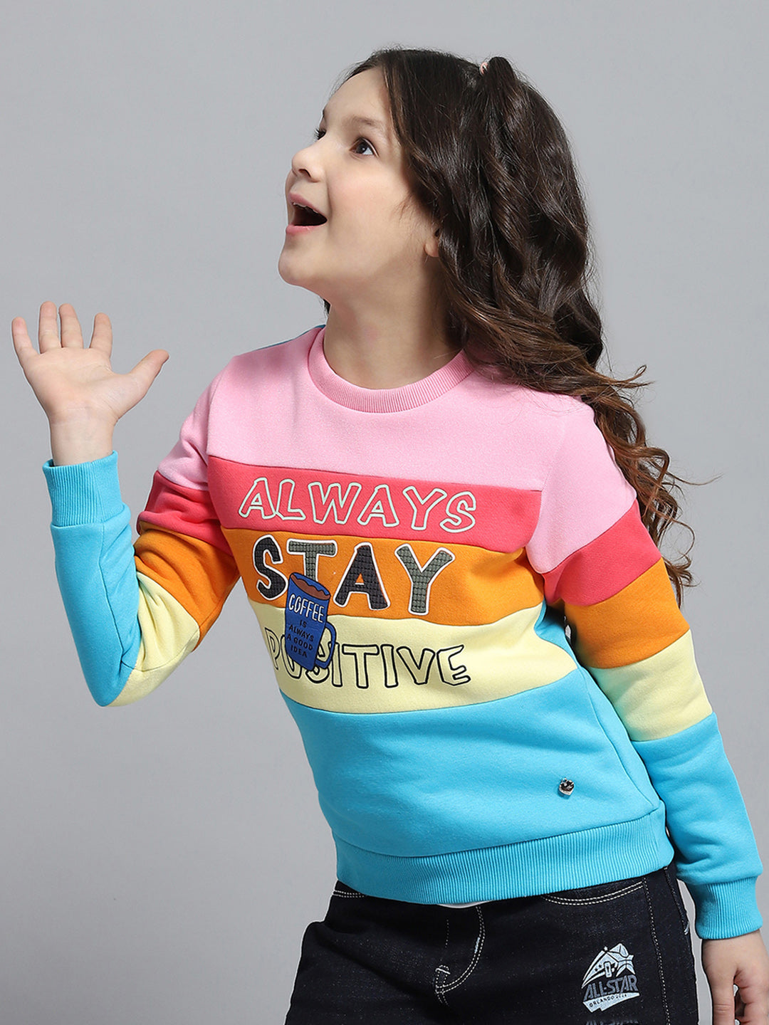 Girls Black & Pink Printed Round Neck Full Sleeve Sweatshirt