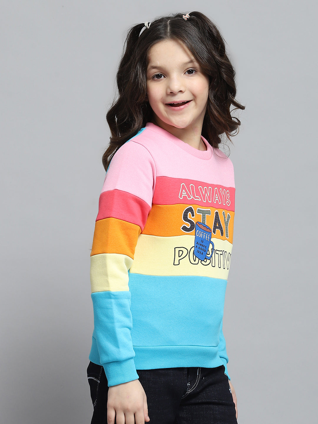 Girls Black & Pink Printed Round Neck Full Sleeve Sweatshirt