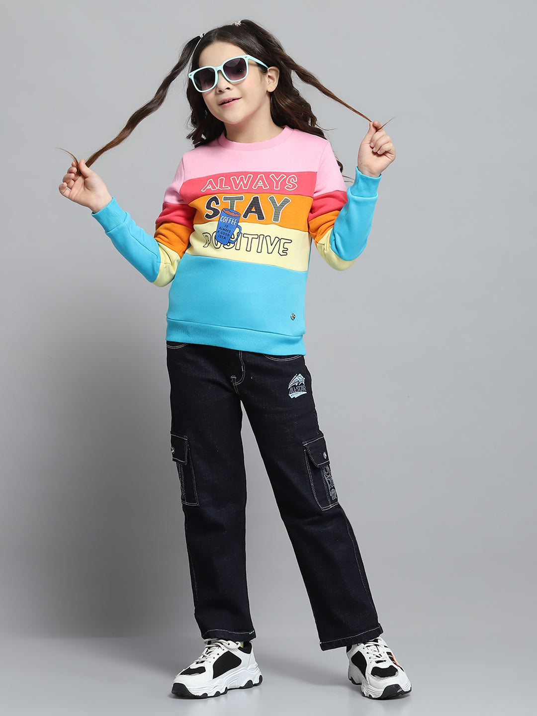 Girls Black & Pink Printed Round Neck Full Sleeve Sweatshirt