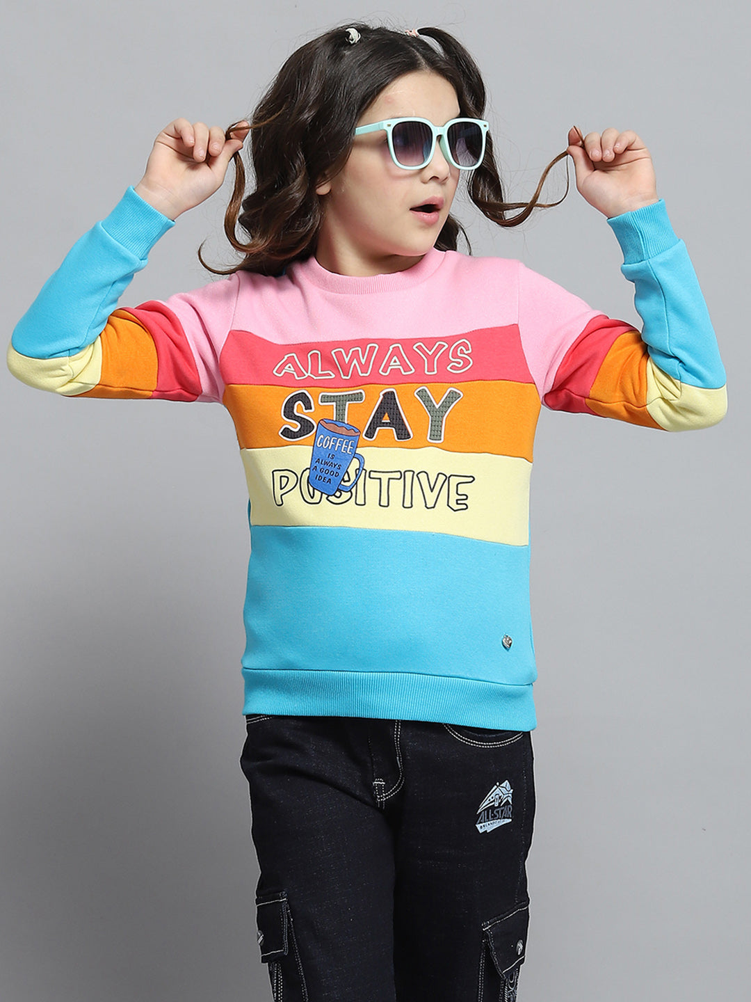 Girls Black & Pink Printed Round Neck Full Sleeve Sweatshirt