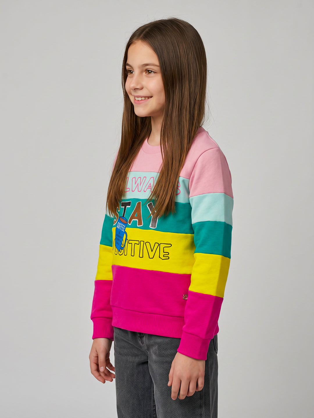 Girls Magenta & Peach Printed Round Neck Full Sleeve Sweatshirt
