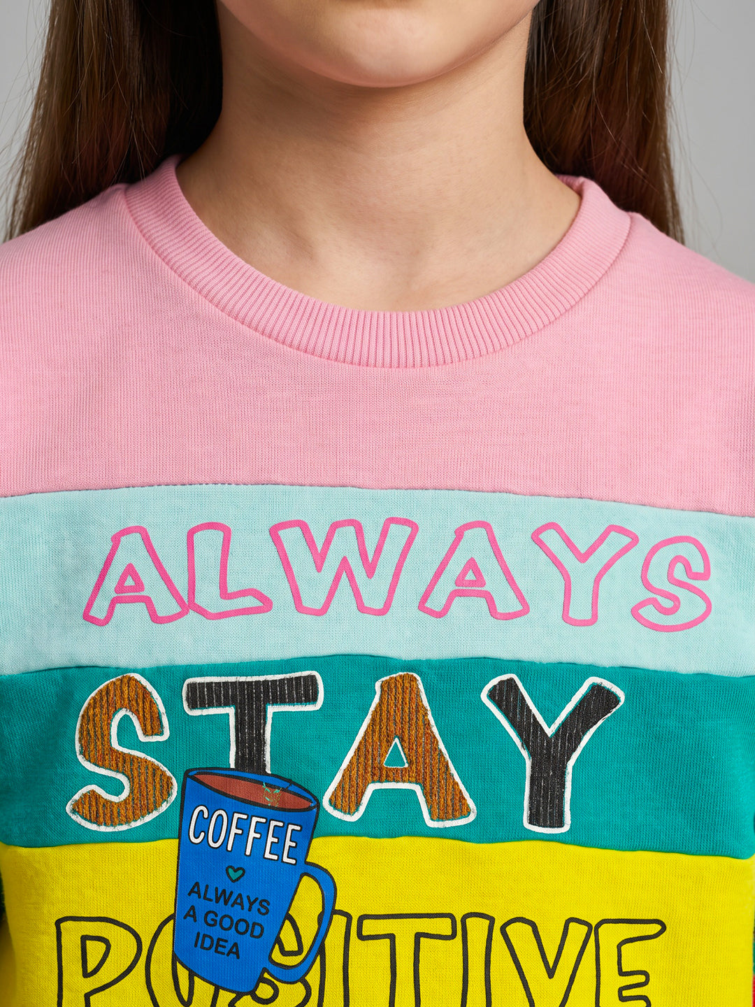 Girls Magenta & Peach Printed Round Neck Full Sleeve Sweatshirt